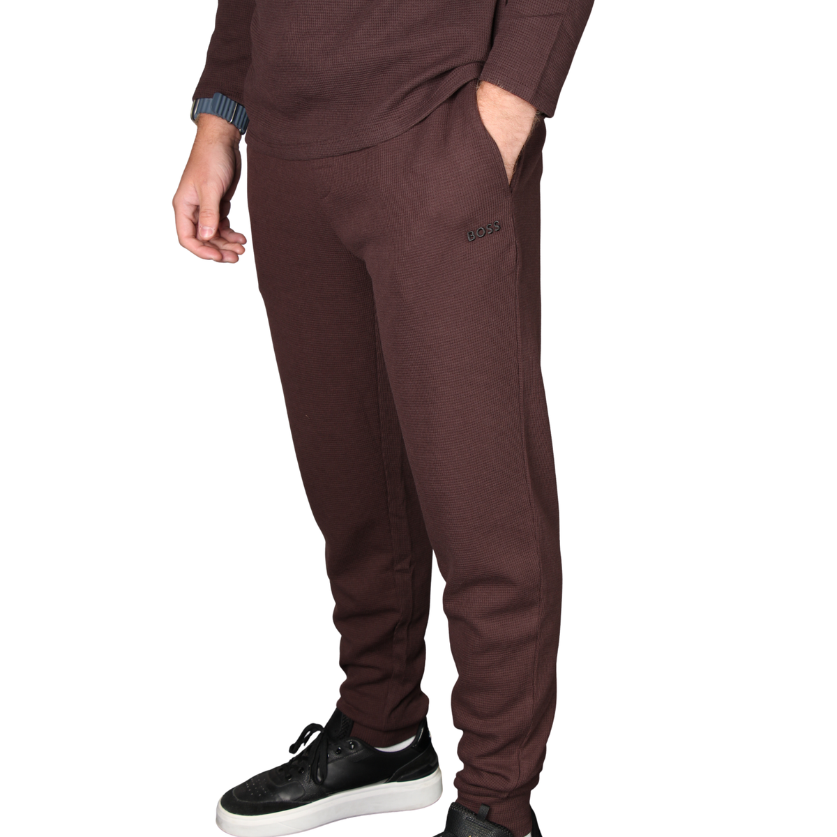 Mens BOSS Dark Brown Waffle Cuffed Pants