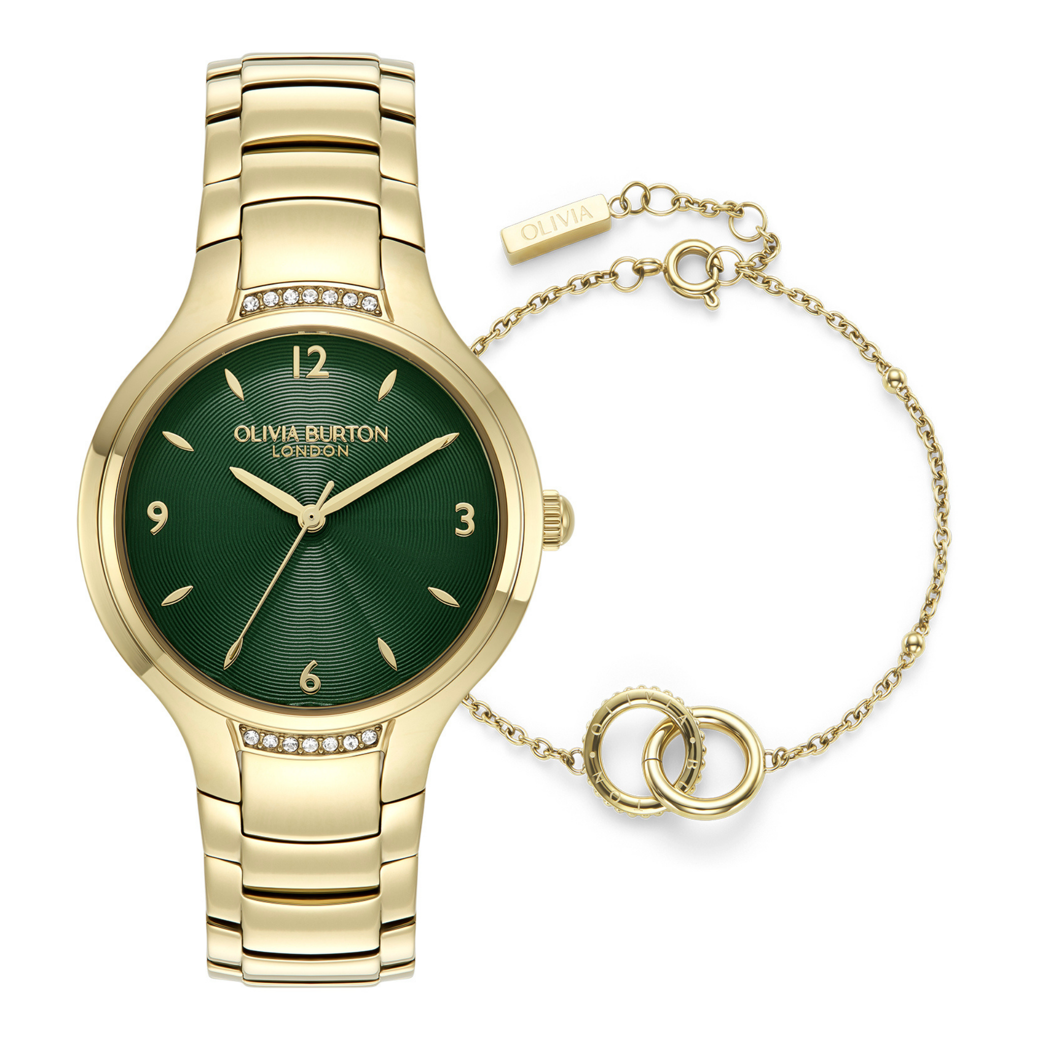 Womens Olivia Burton Gold/Forest Green Watch & Interlock Bracelet Gift Set