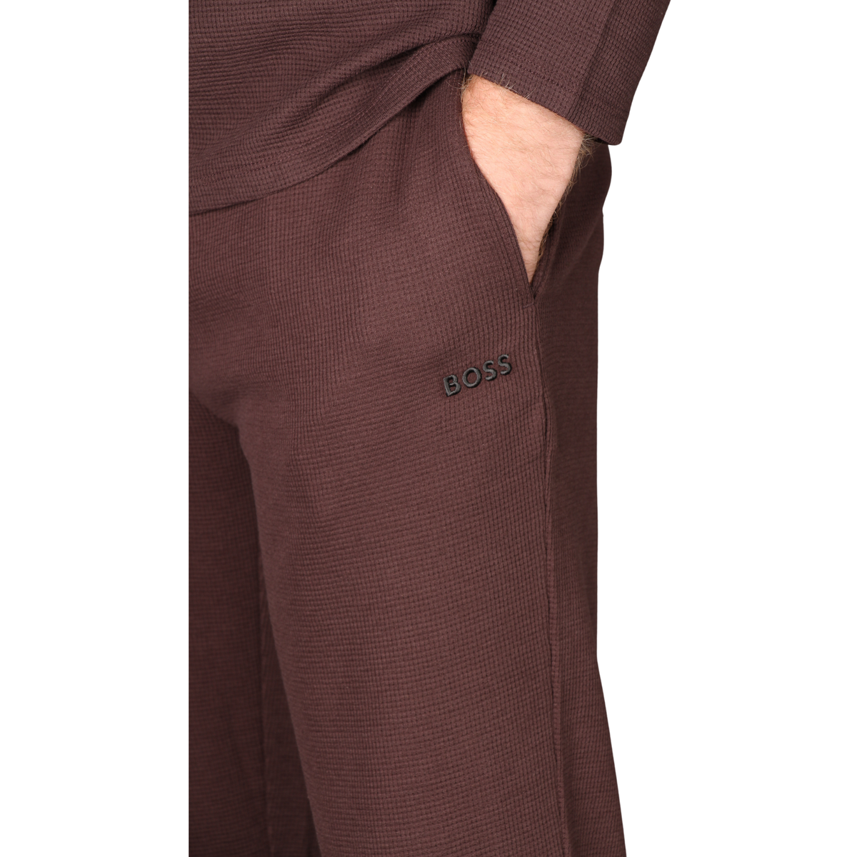 Mens BOSS Dark Brown Waffle Cuffed Pants