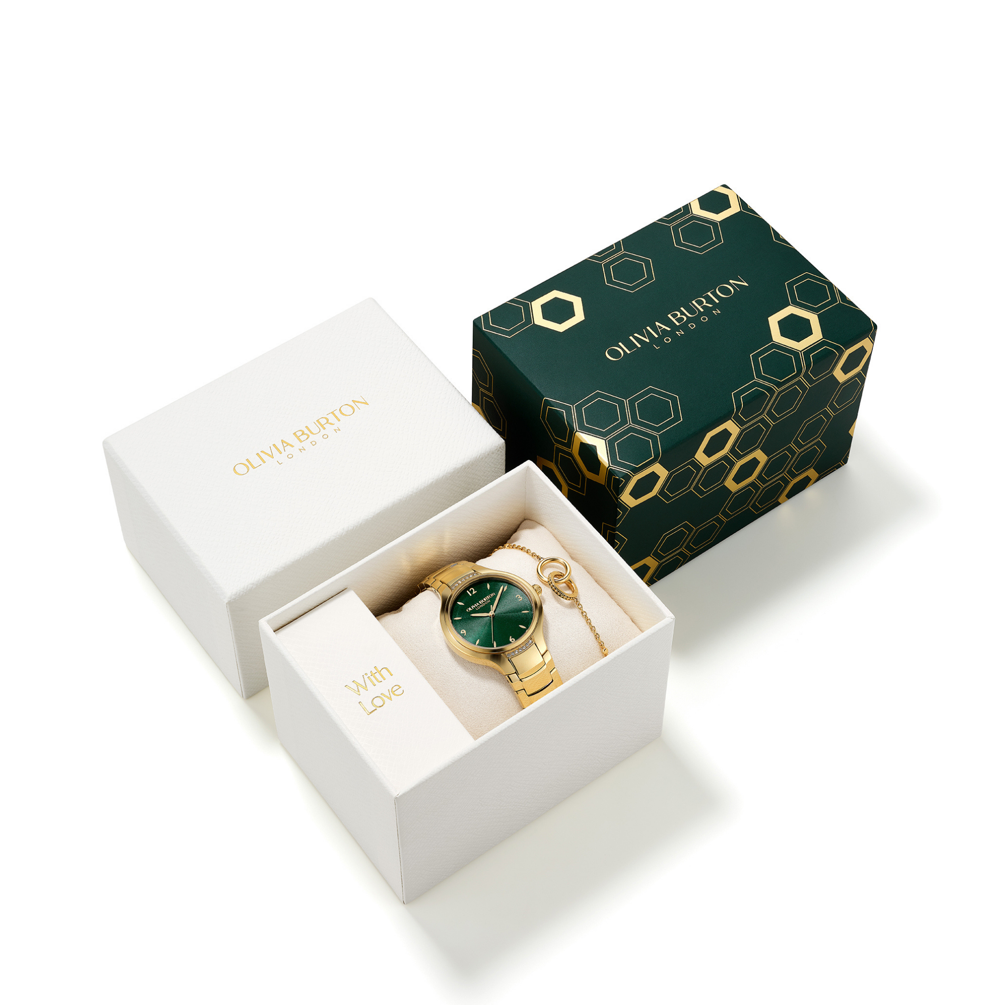 Womens Olivia Burton Gold/Forest Green Watch & Interlock Bracelet Gift Set