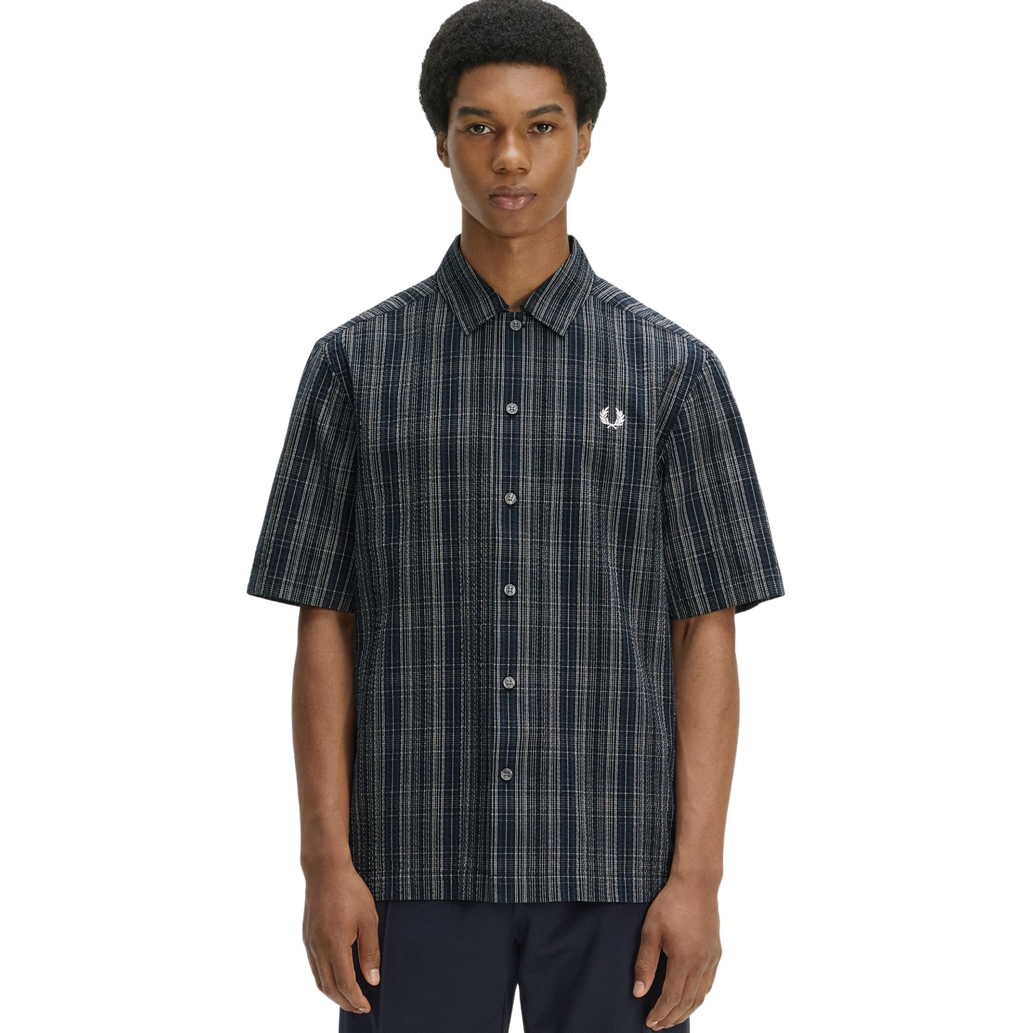Mens Fred Perry Navy Seersucker Check S/s Shirt