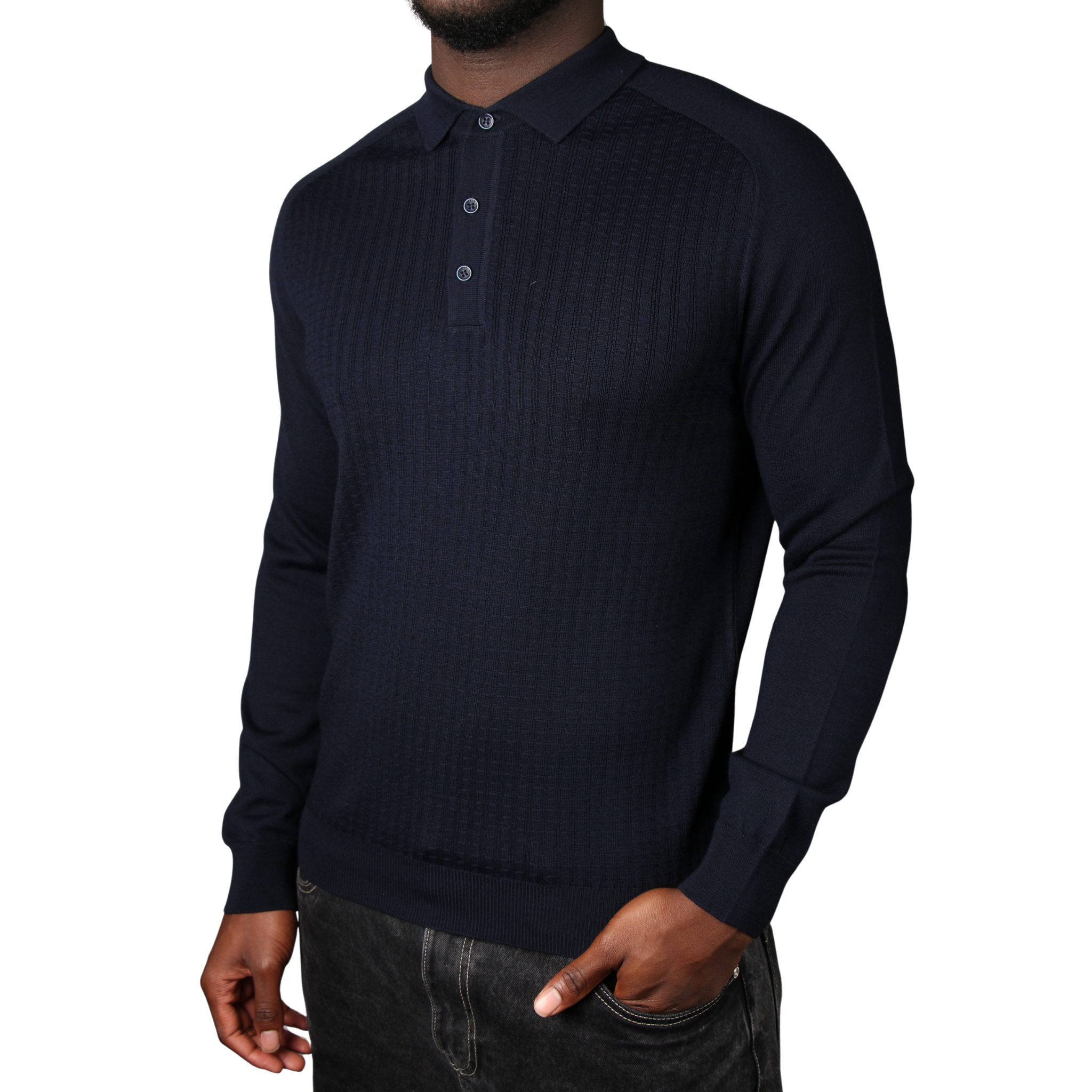 Mens Remus Uomo Navy Micro Grid Structure Knitted L/s Polo