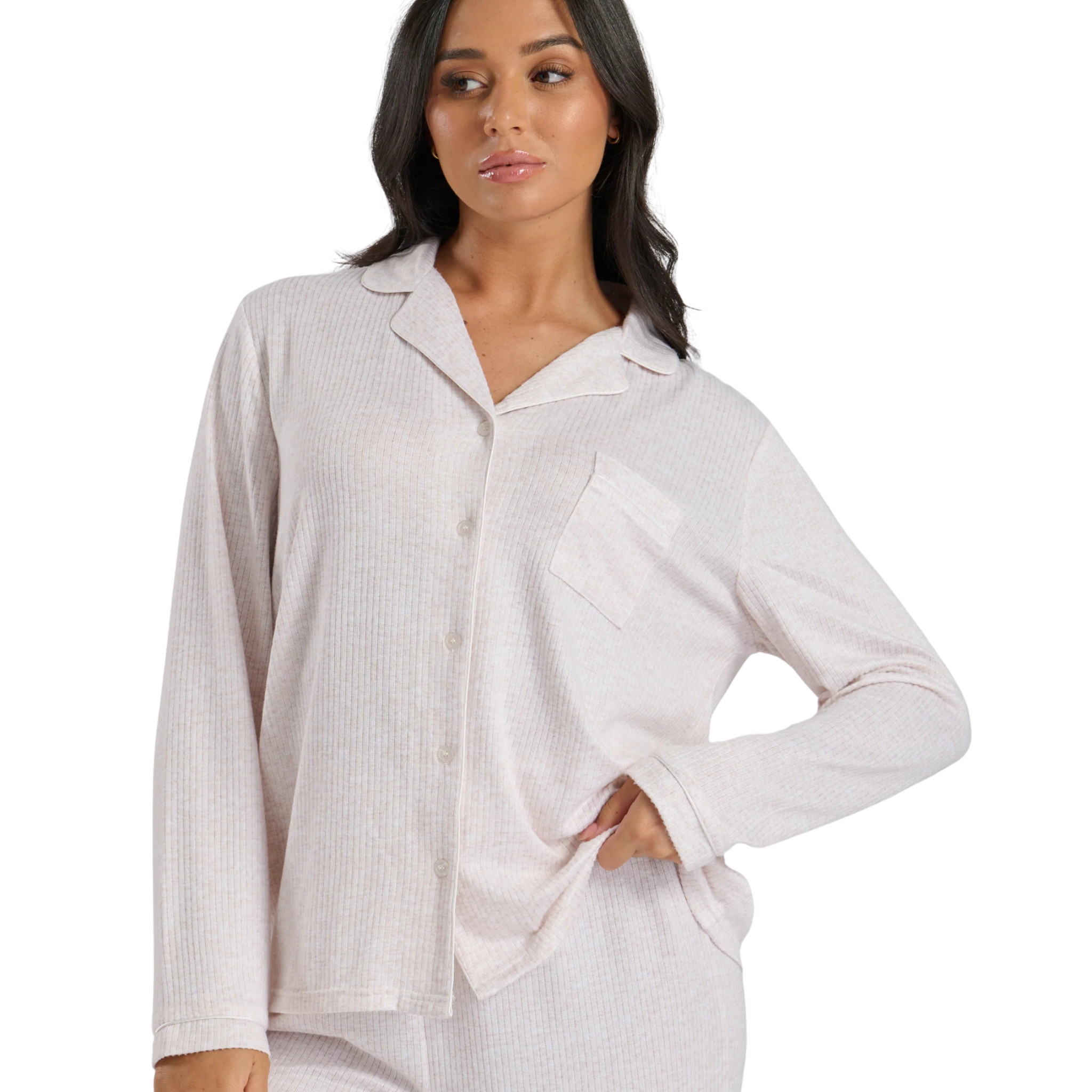 Womens Oatmeal Marl Brushed Rib L/s Buttoned Pyjamas