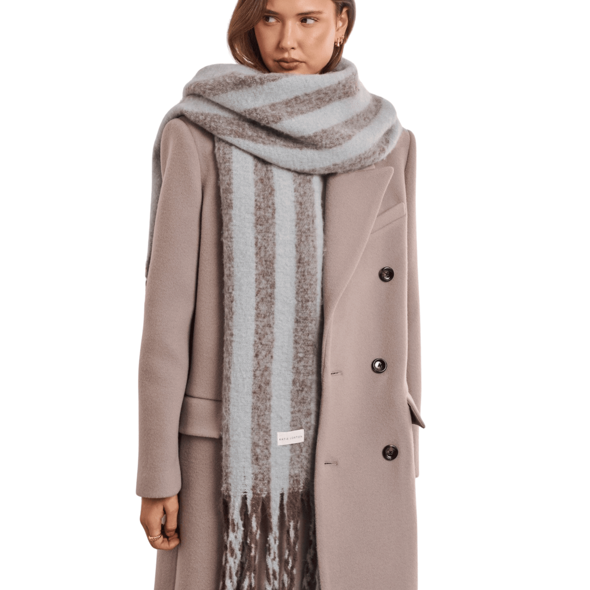 Womens Katie Loxton Blue/Brown Striped Tassel Scarf