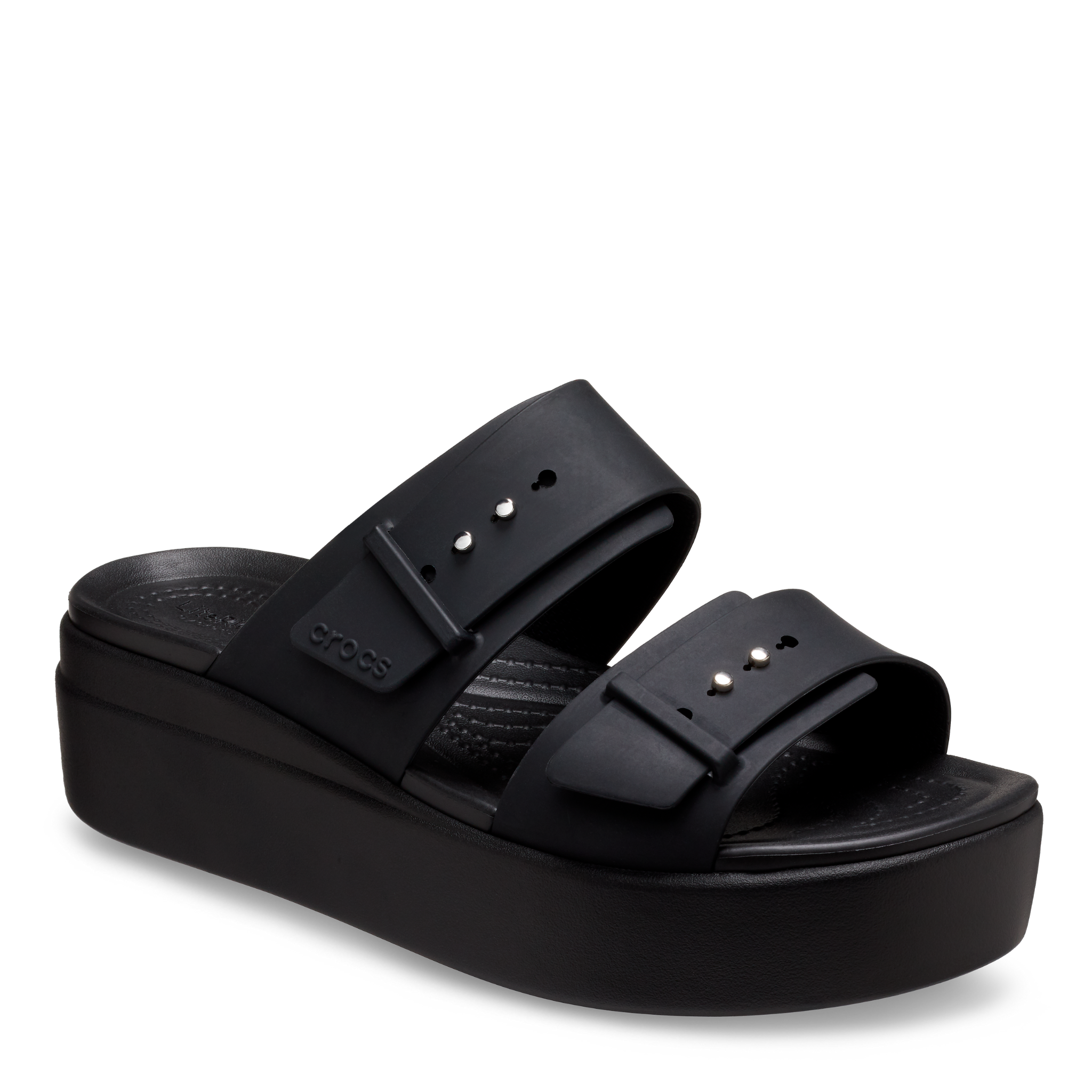 Womens Crocs Black Brooklyn Buckle Low Wedge Sandals