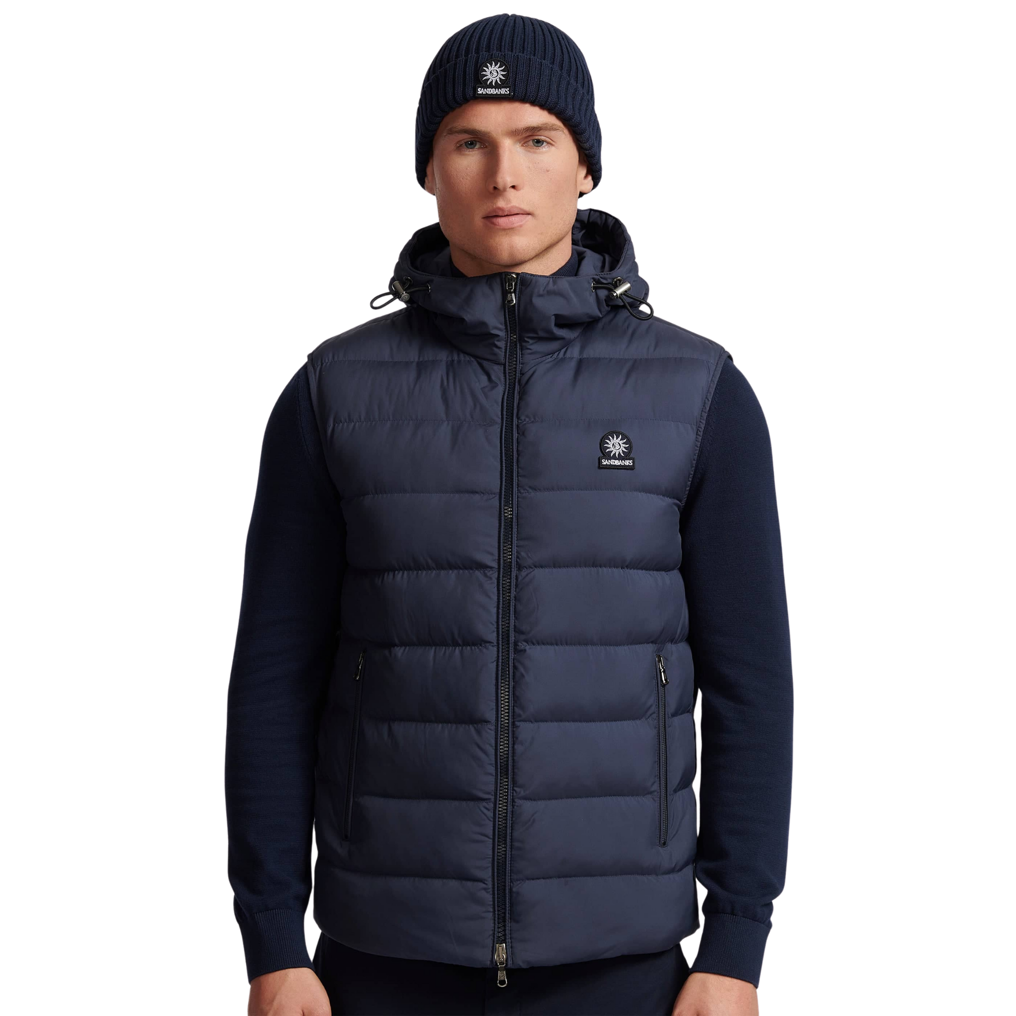 Mens Sandbanks Navy Frontier Micro Puffer Hooded Gilet