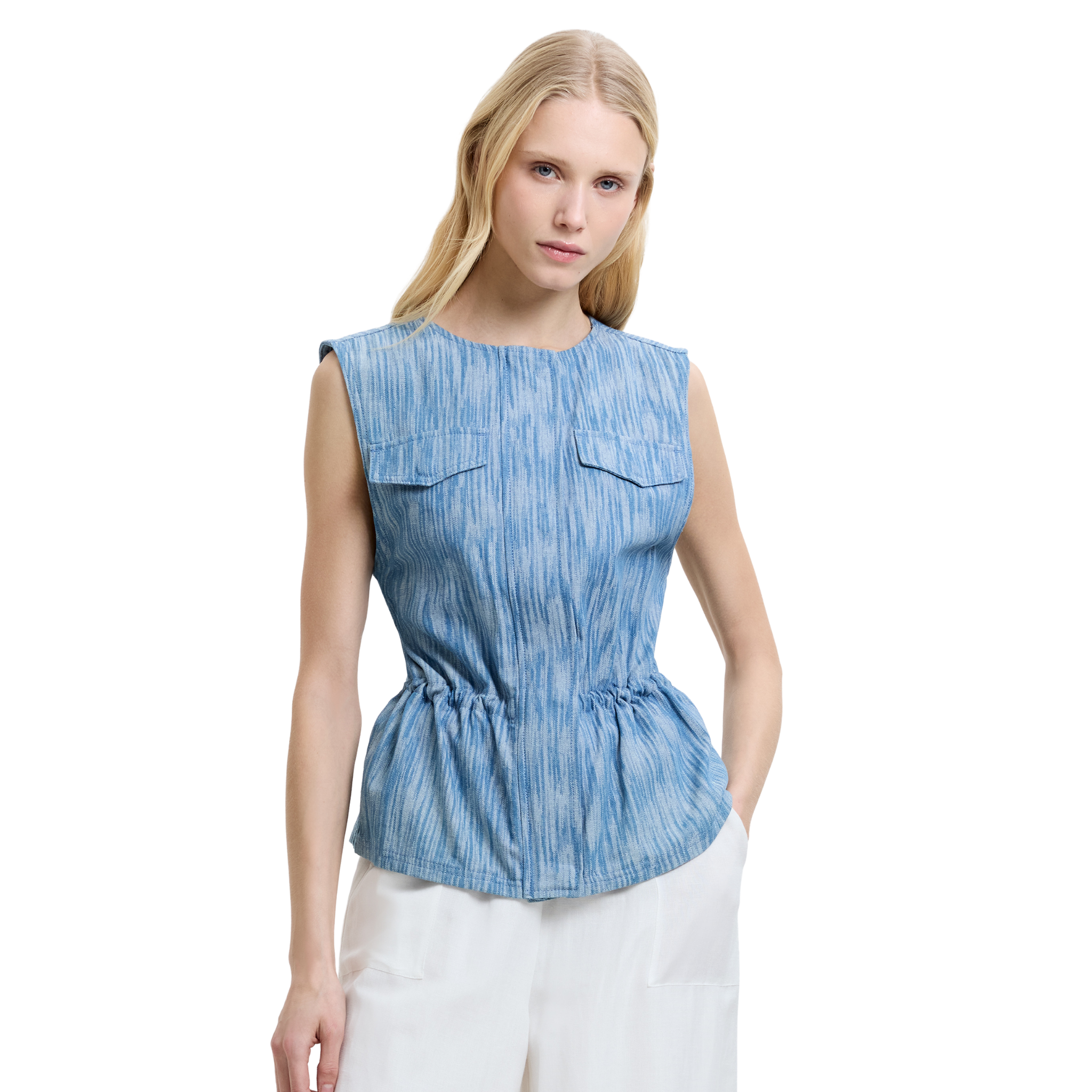 Womens French Connection Mid Blue Bessie Textured Denim Waistcoat