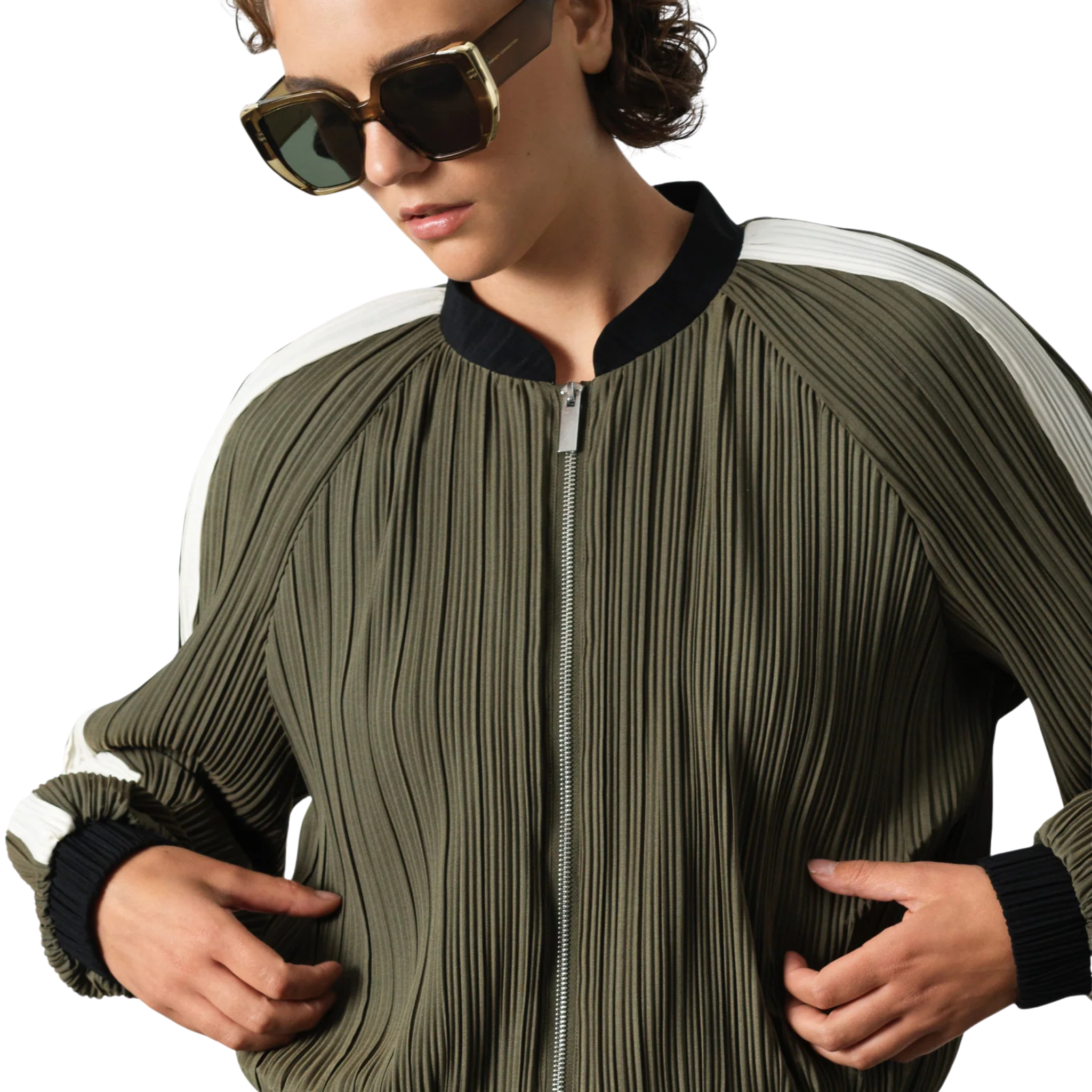 Womens French Connection Khaki/Black Niri Plisse Bomber Jacket