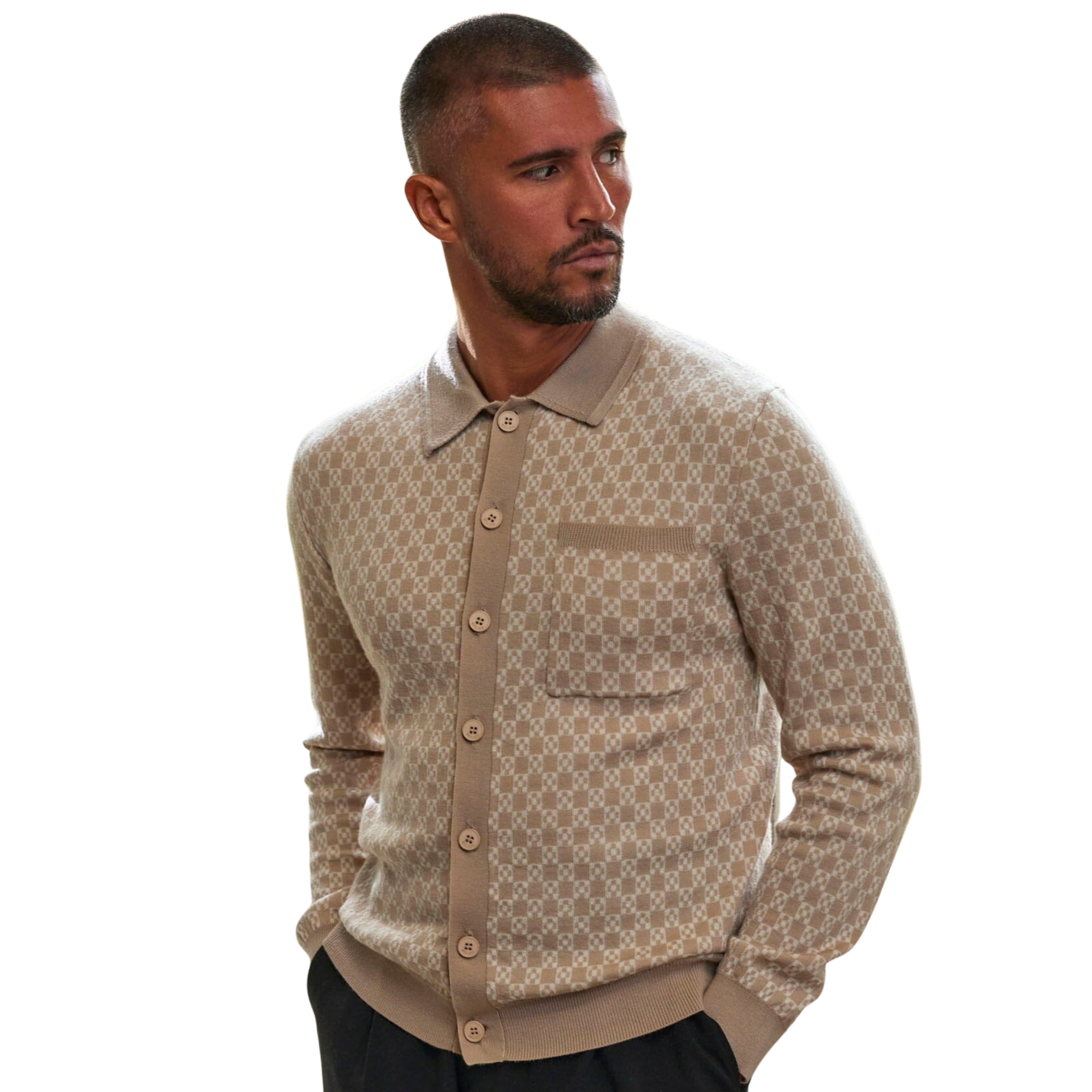 Mens Belier Beige Block Print Cardigan