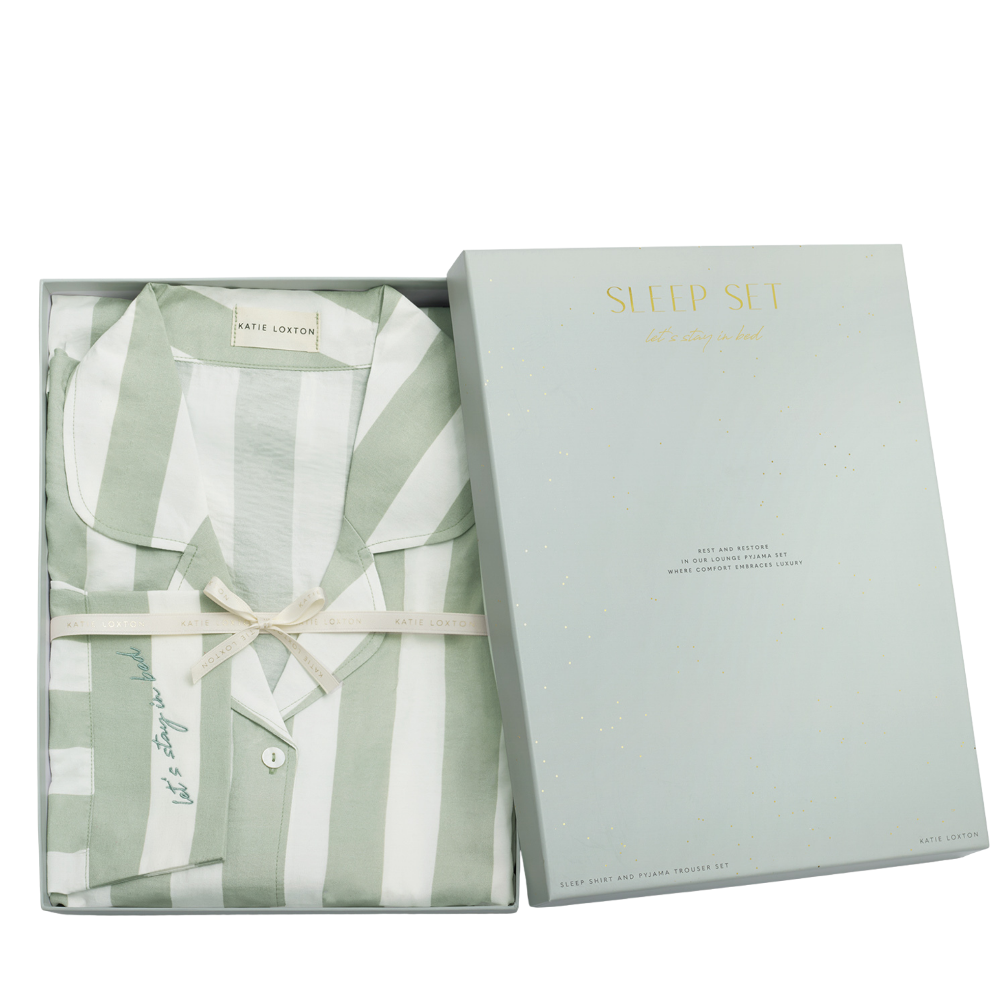 Womens Katie Loxton Green Mist/Off White/Stripe Print Gift Boxed Pyjama Set