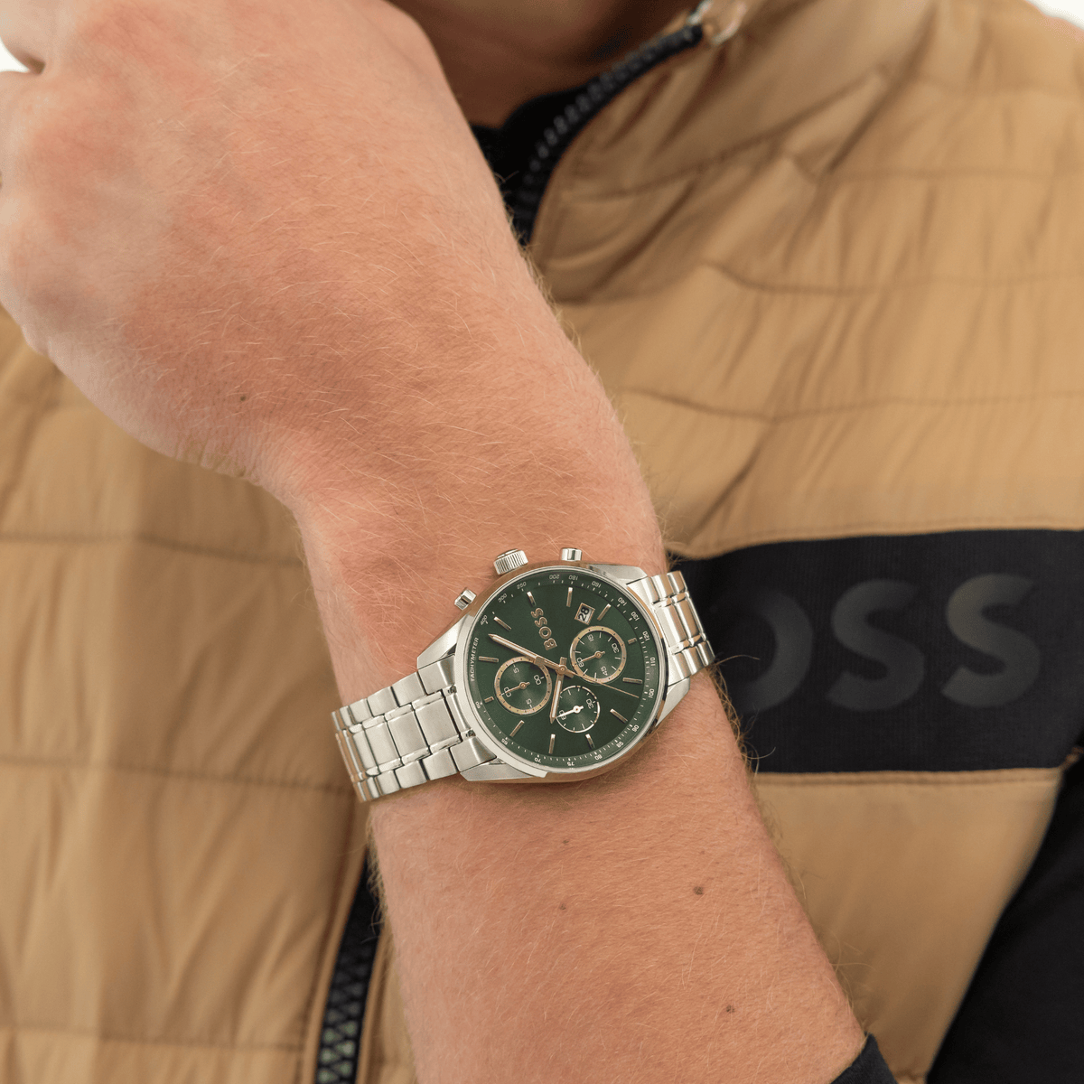 Mens BOSS Silver/Green Grand Prix Watch & Cardholder Set