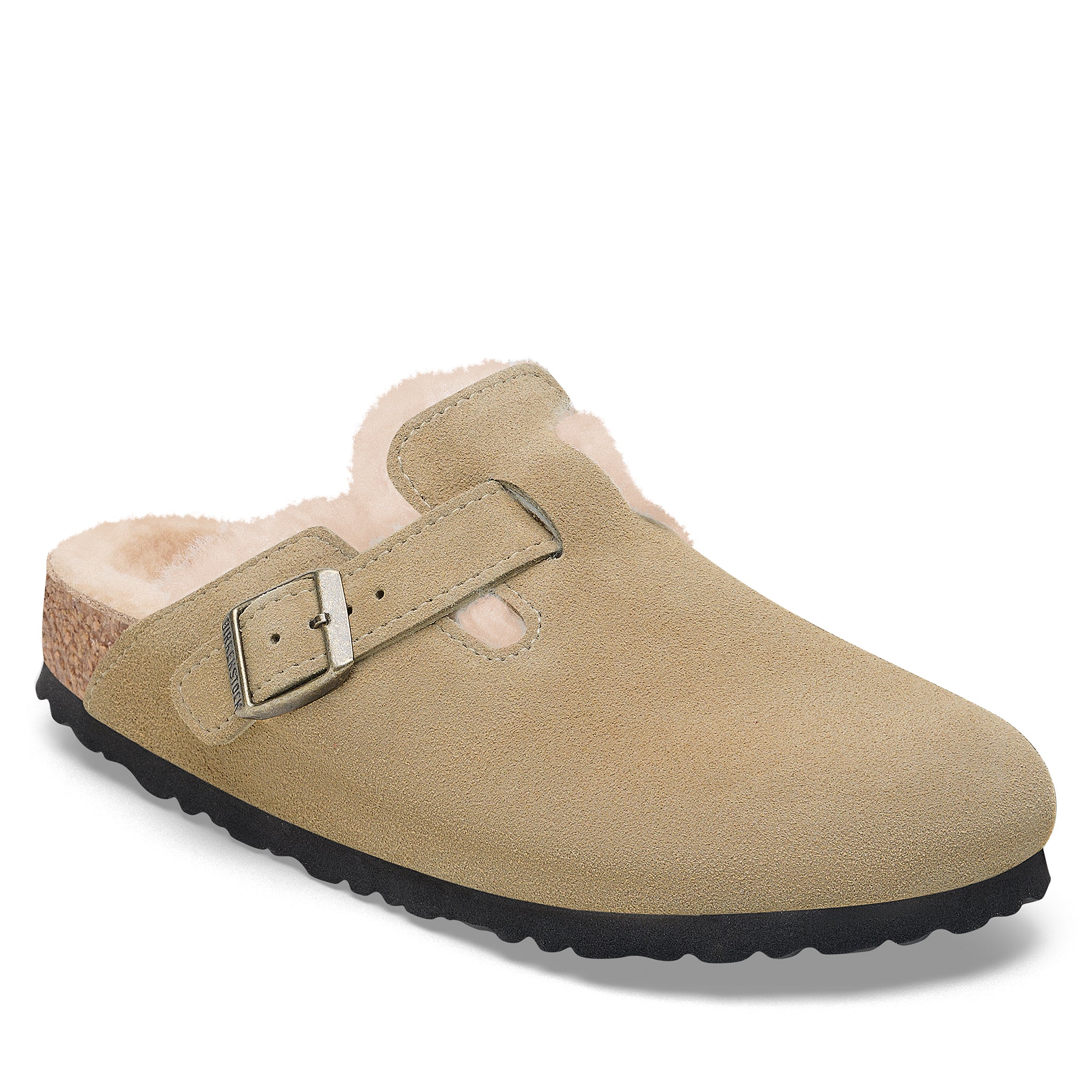 Womens Birkenstock Taupe Boston Shearling Suede Clogs