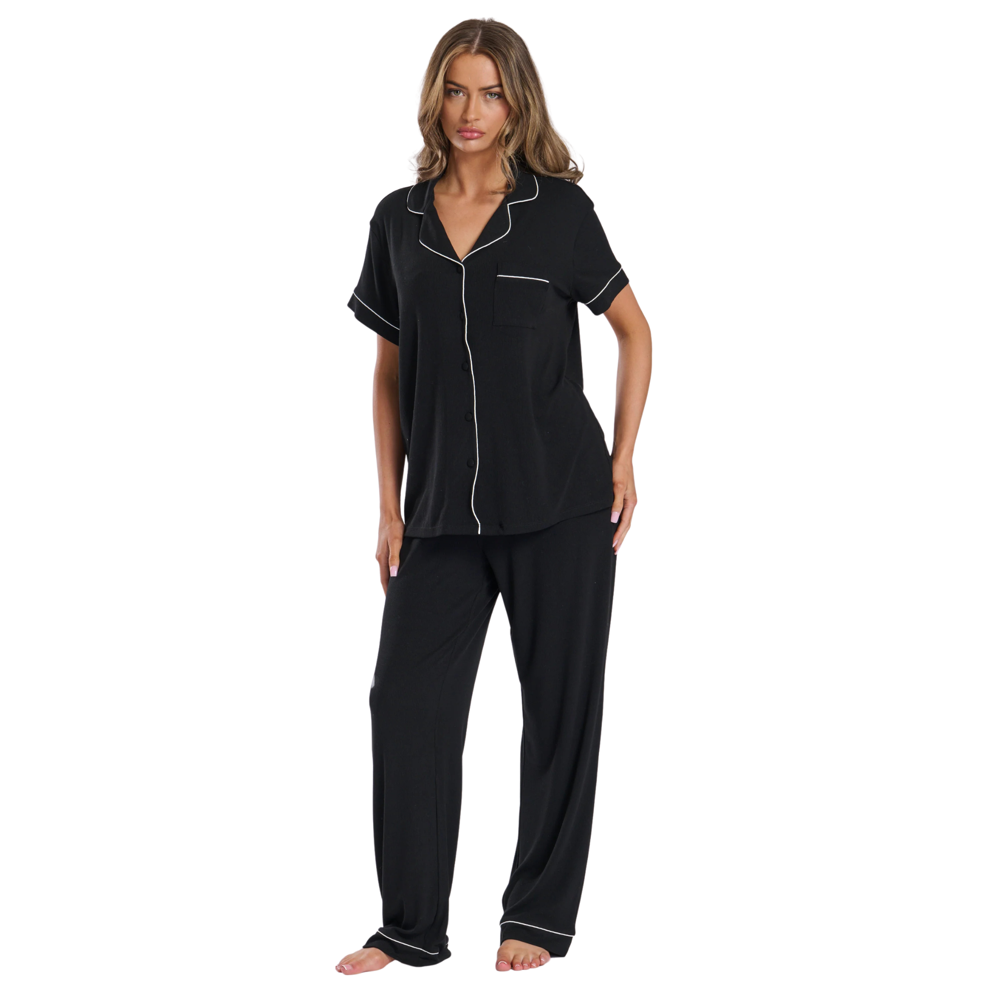 Womens Black Ribbed S/s Pyjama Trouser Set