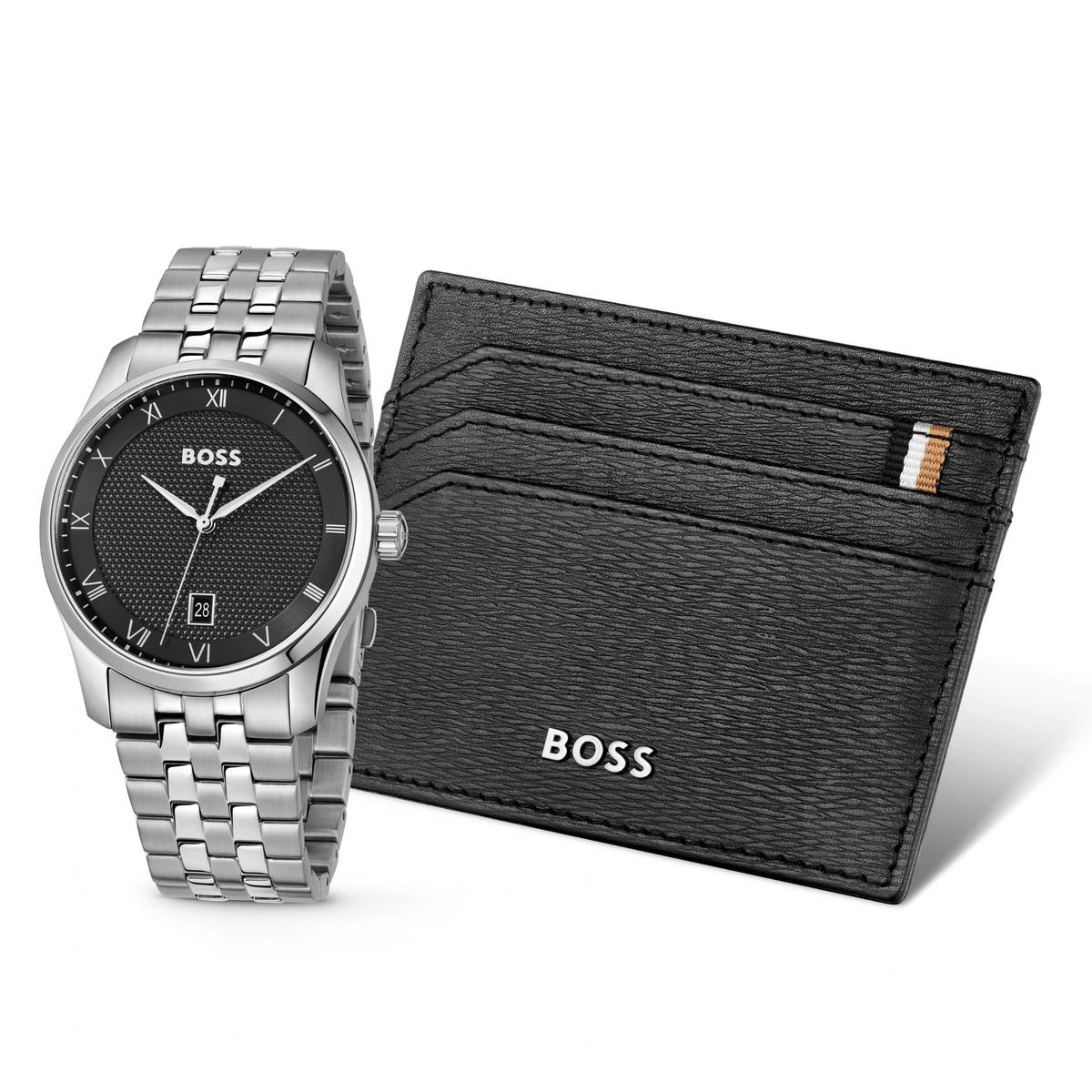 Mens BOSS Silver/Black Principle Watch & Cardholder Set