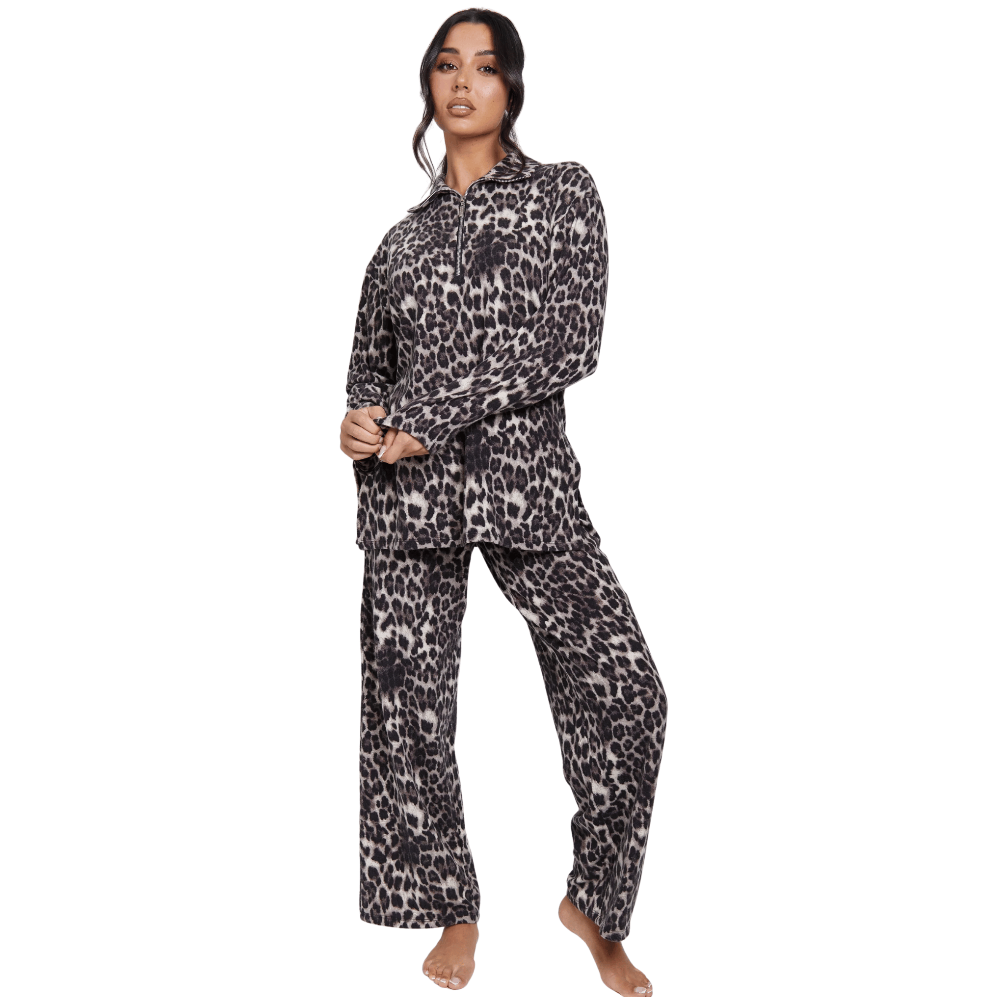 Womens Leopard 1/4 Zip Top & Wide Pant Set
