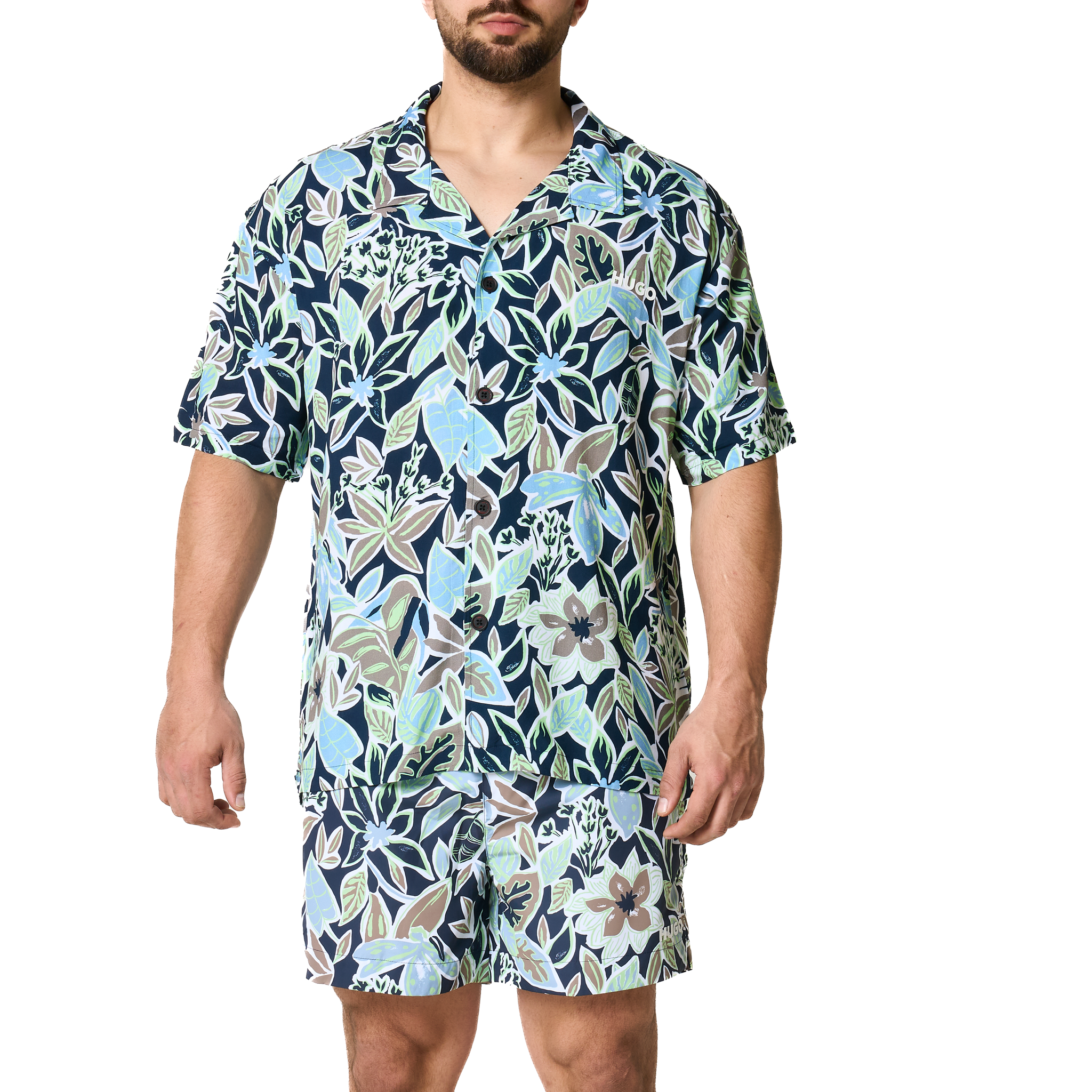 Mens HUGO Navy Leaf Print Relaxed Beach Shirt