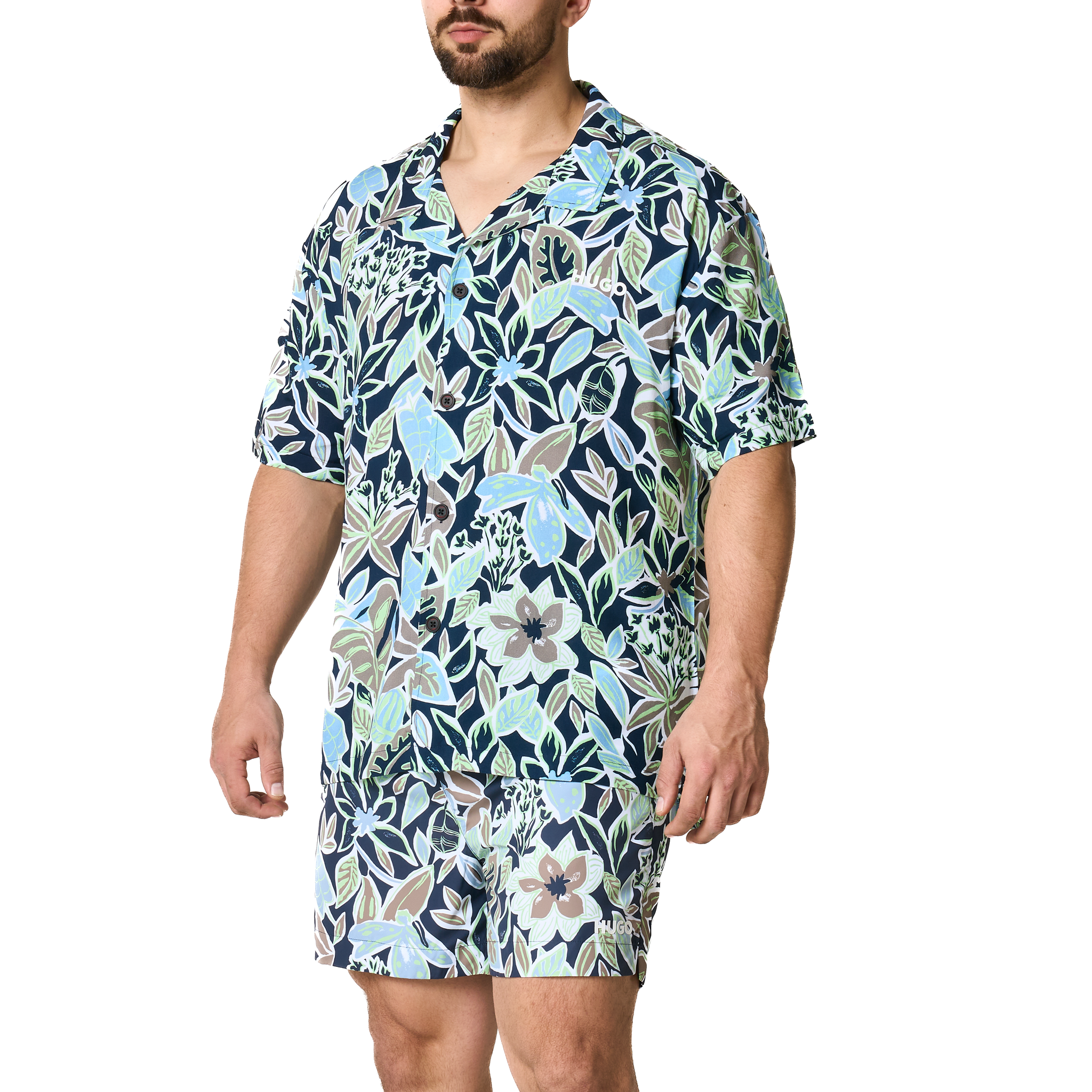 Mens HUGO Navy Leaf Print Relaxed Beach Shirt