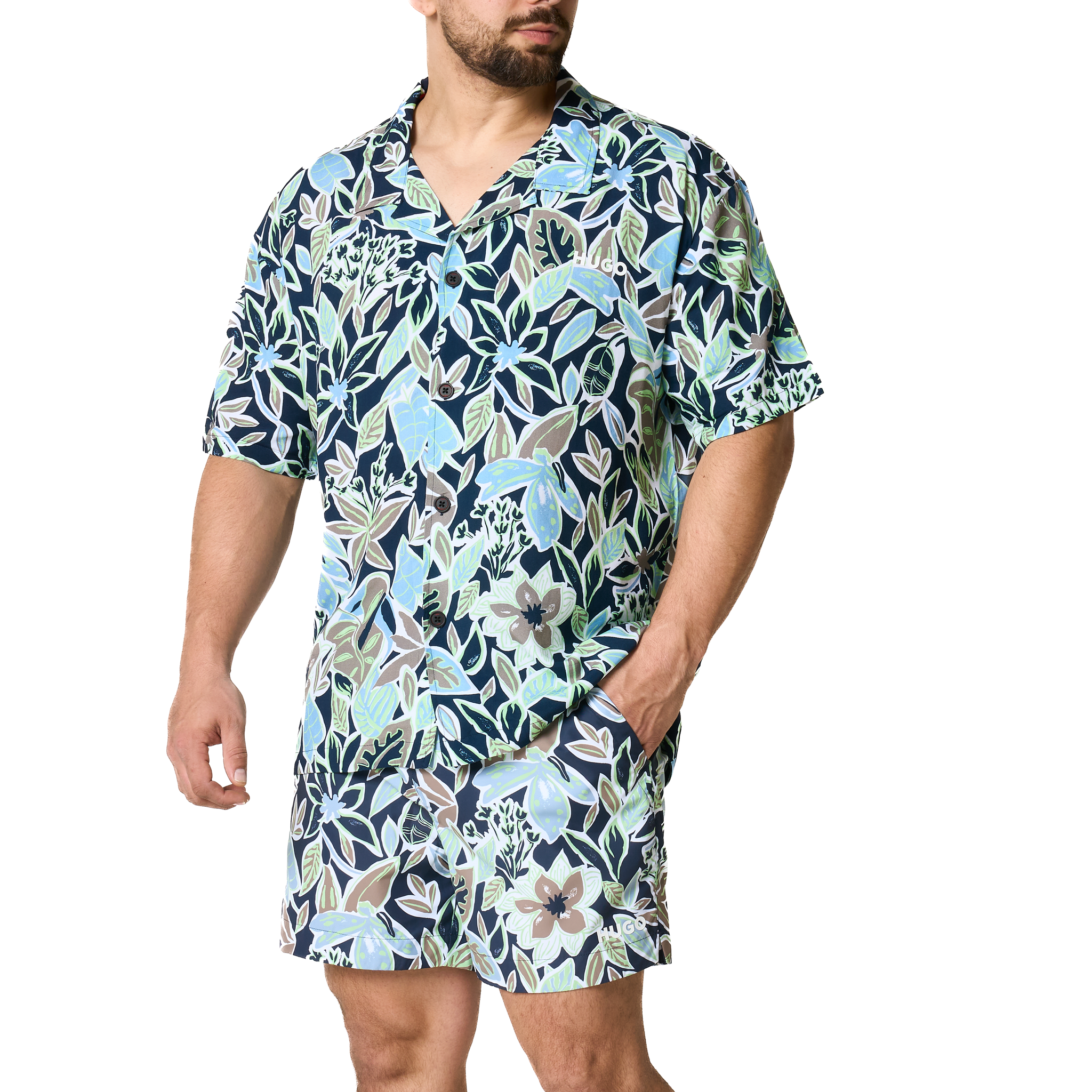 Mens HUGO Navy Leaf Print Relaxed Beach Shirt