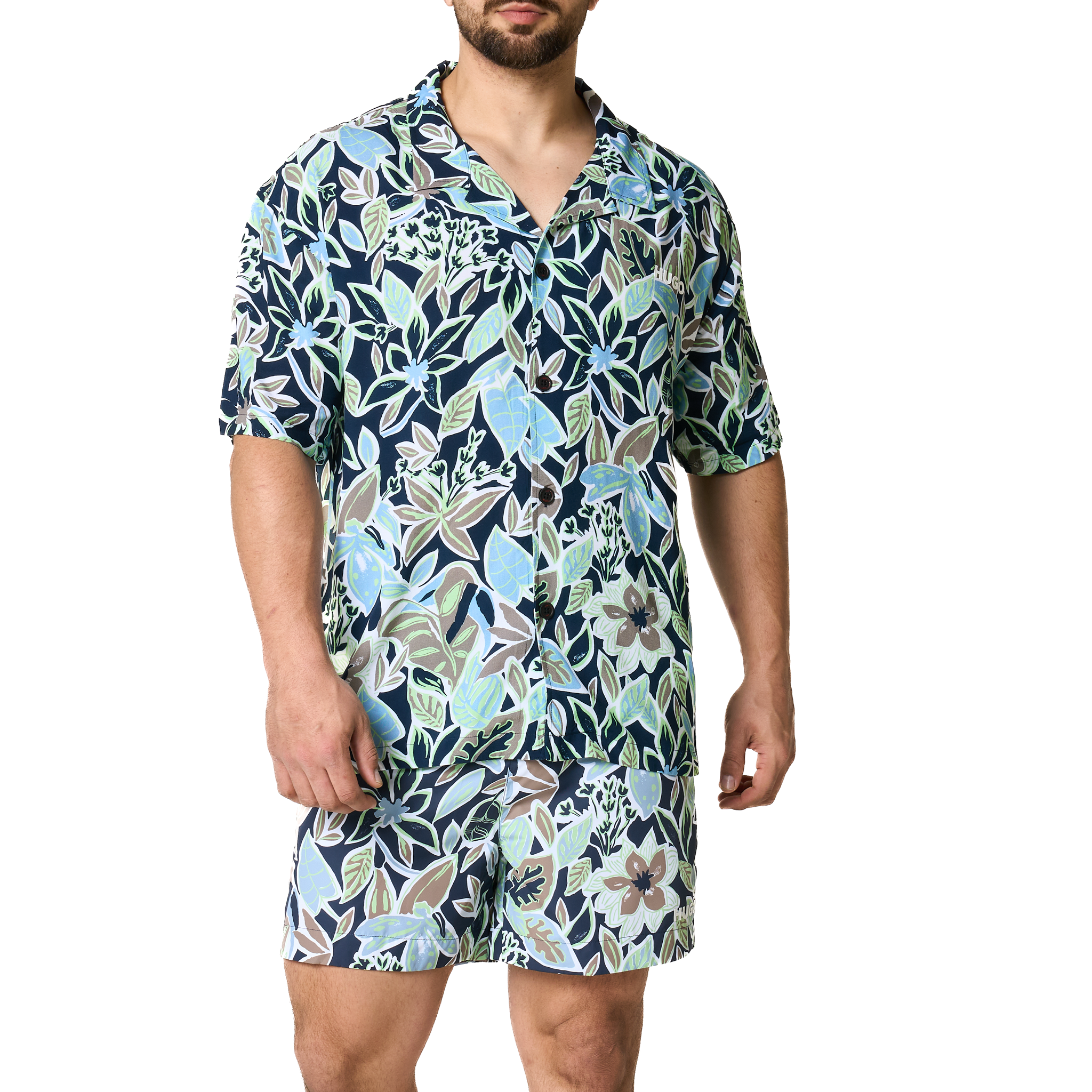 Mens HUGO Navy Leaf Print Relaxed Beach Shirt