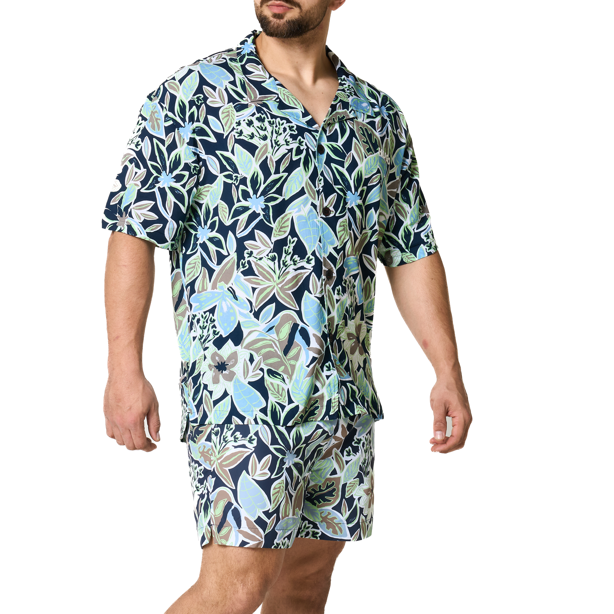 Mens HUGO Navy Leaf Print Relaxed Beach Shirt
