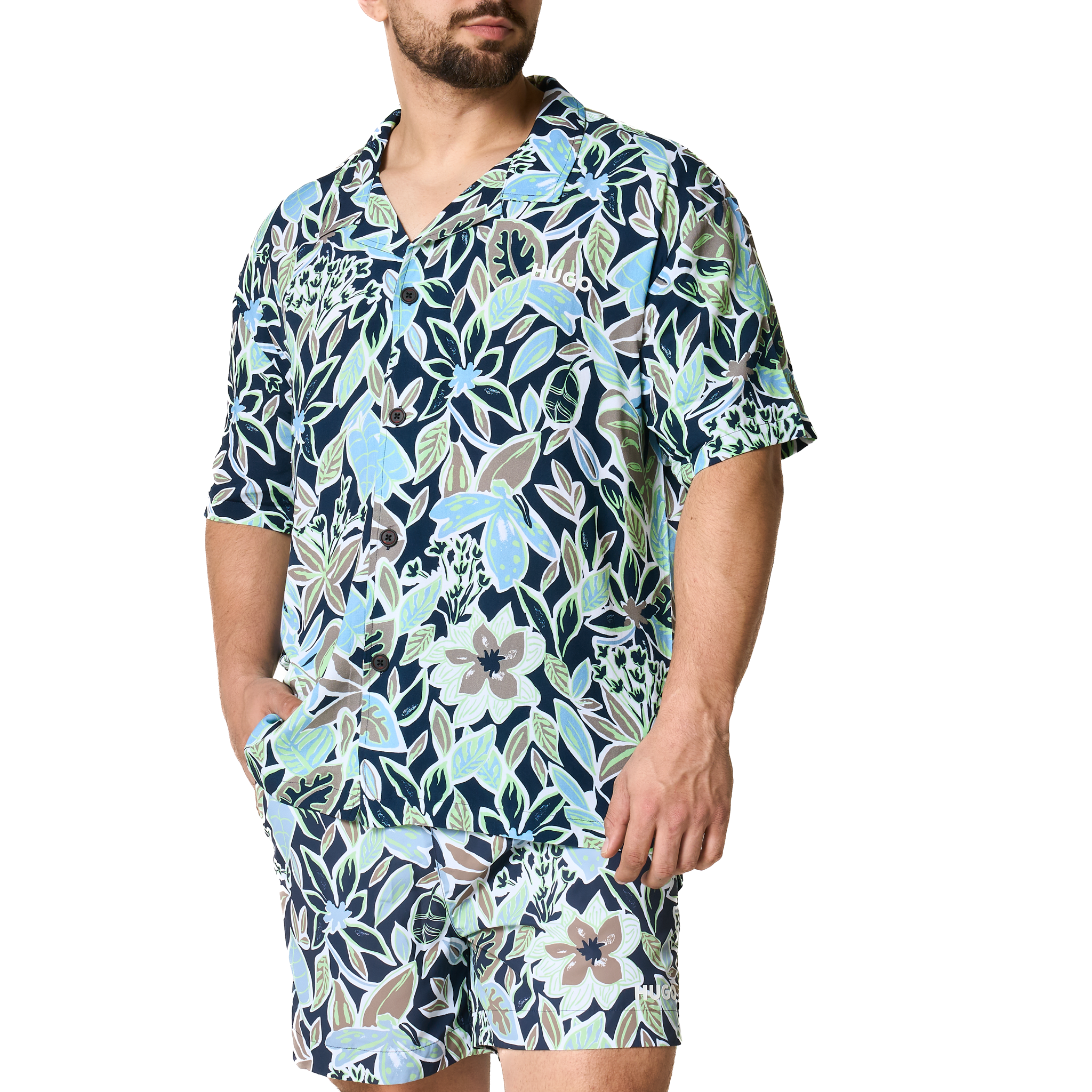 Mens HUGO Navy Leaf Print Relaxed Beach Shirt