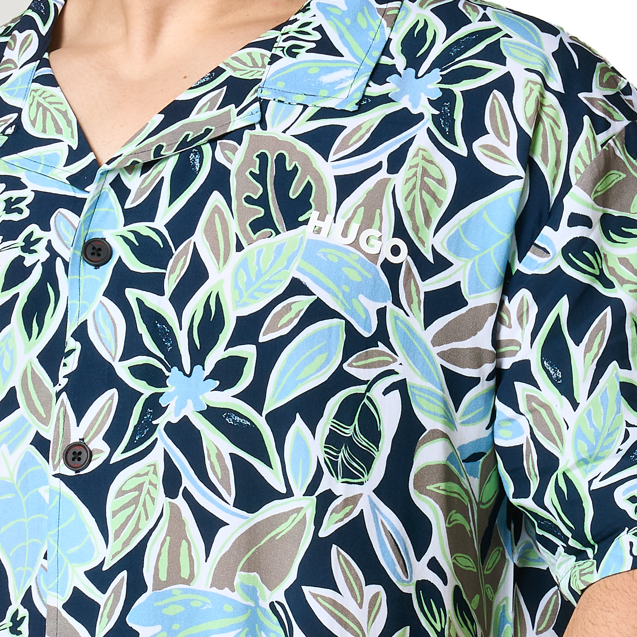 Mens HUGO Navy Leaf Print Relaxed Beach Shirt