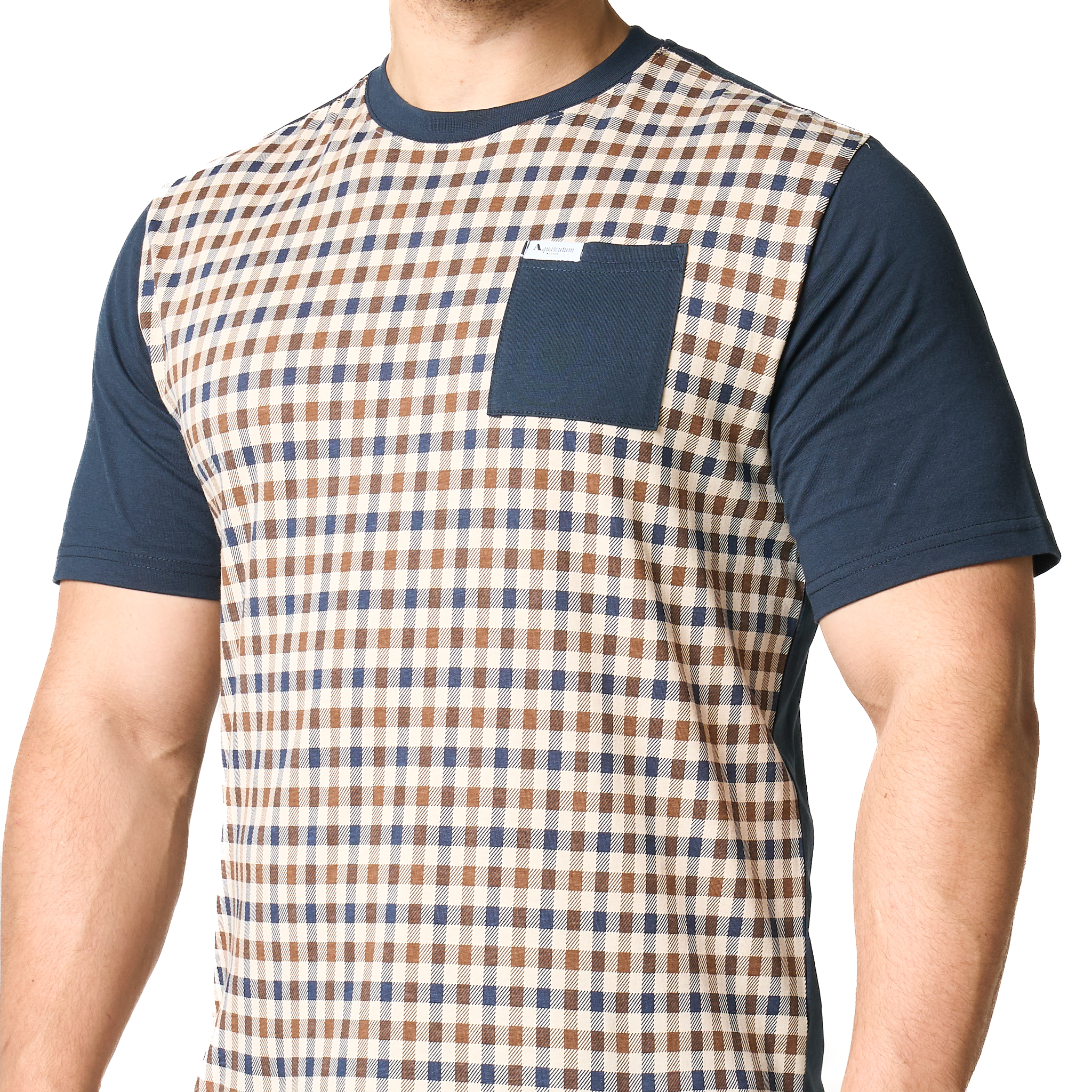 Mens Aquascutum Navy Pocket Check Front S/s T Shirt