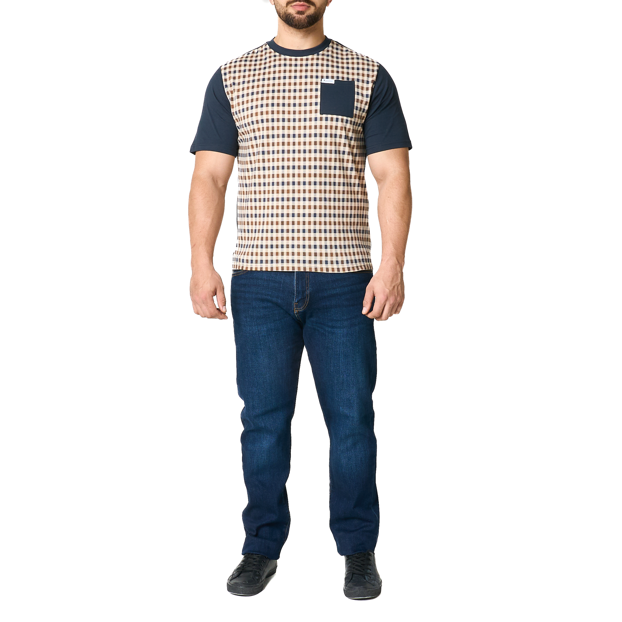 Mens Aquascutum Navy Pocket Check Front S/s T Shirt