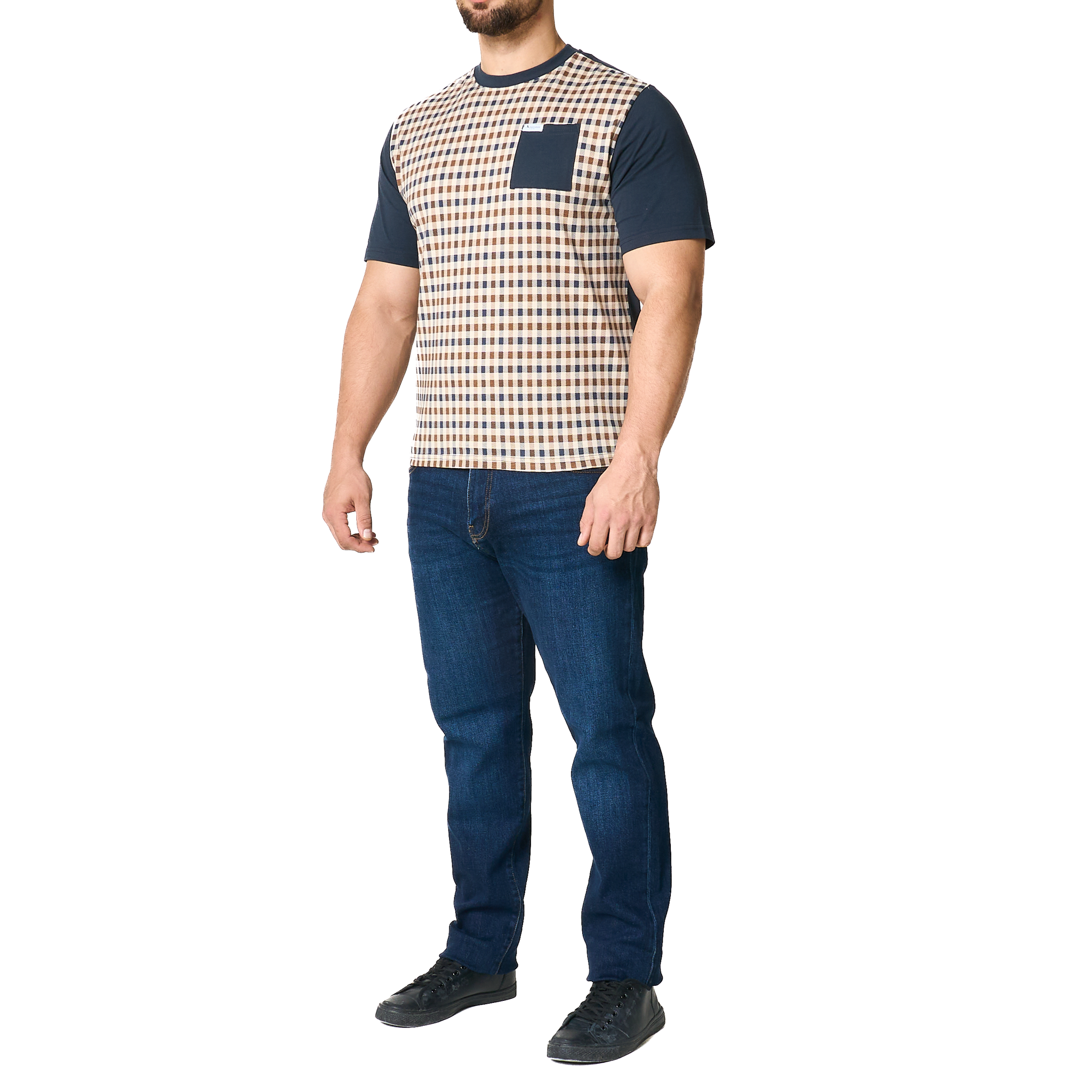 Mens Aquascutum Navy Pocket Check Front S/s T Shirt