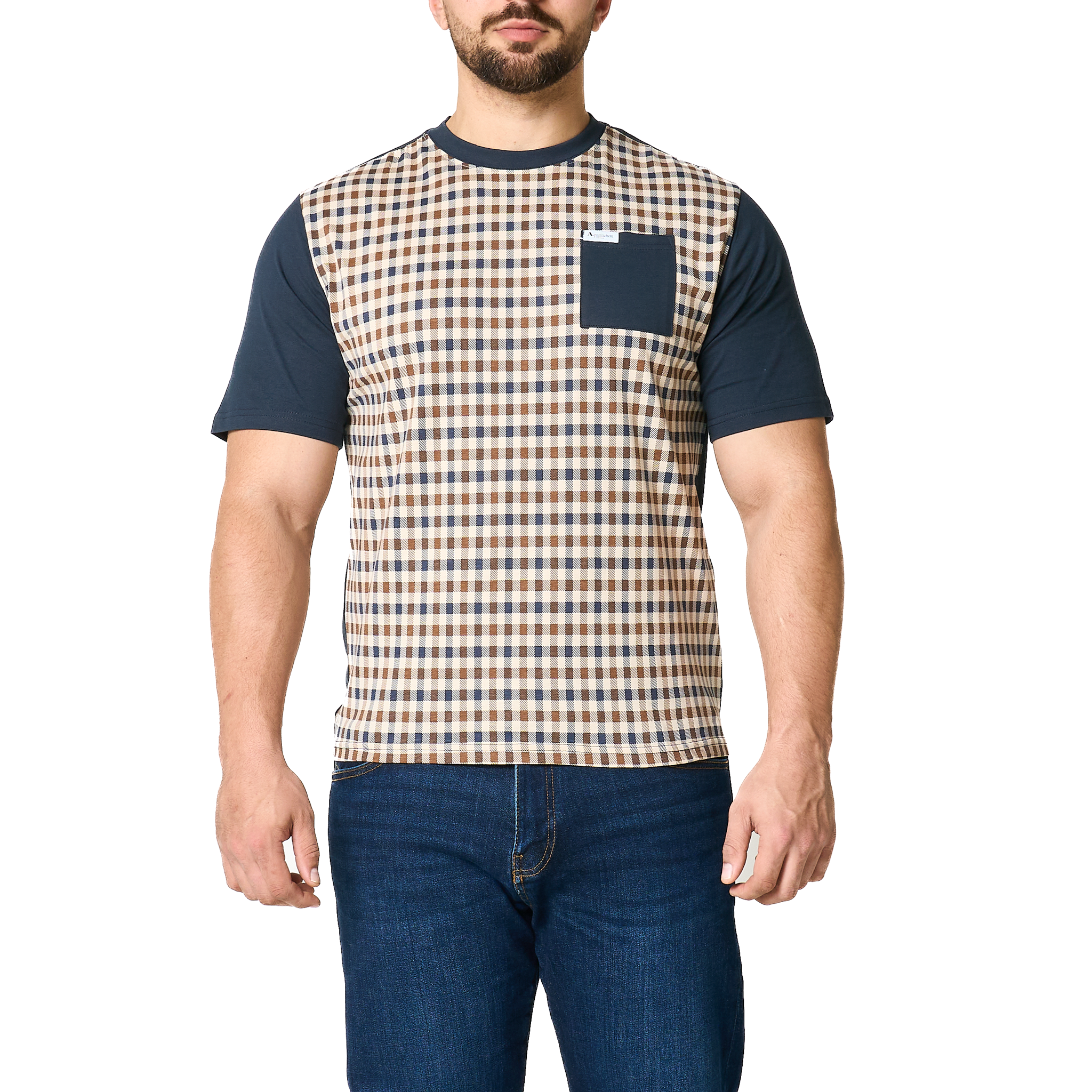 Mens Aquascutum Navy Pocket Check Front S/s T Shirt