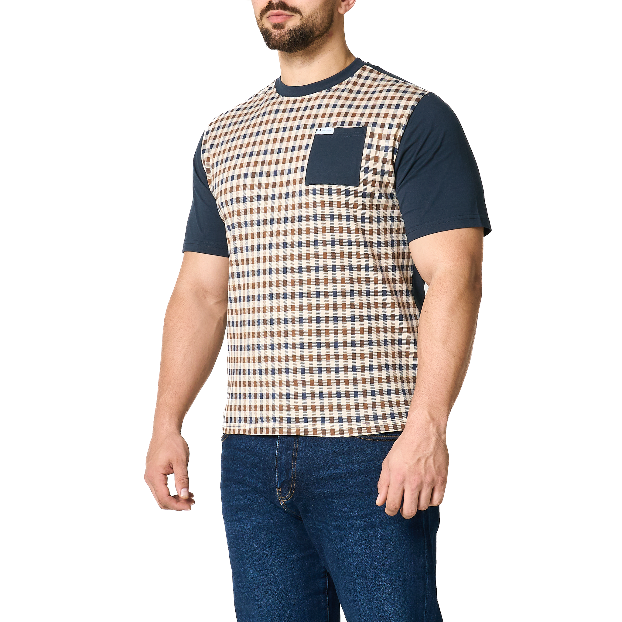 Mens Aquascutum Navy Pocket Check Front S/s T Shirt