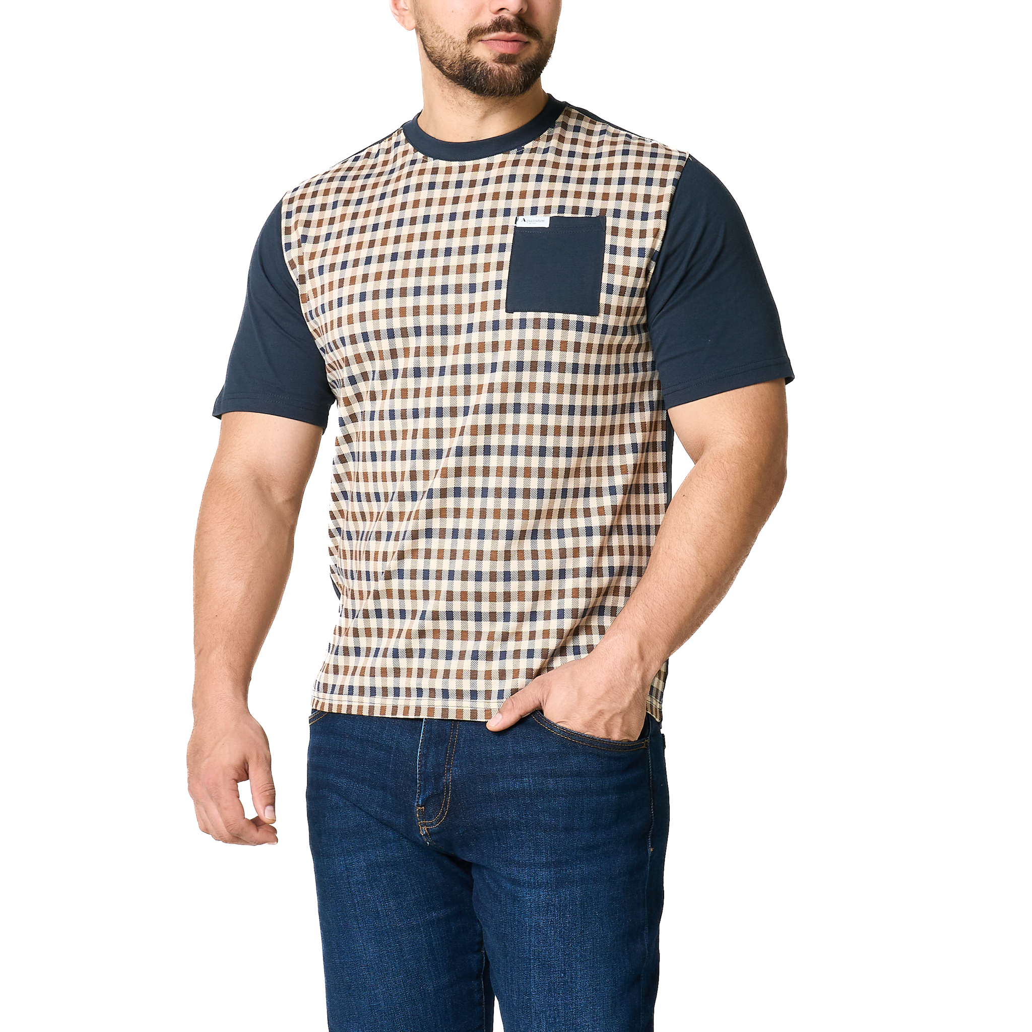 Mens Aquascutum Navy Pocket Check Front S/s T Shirt