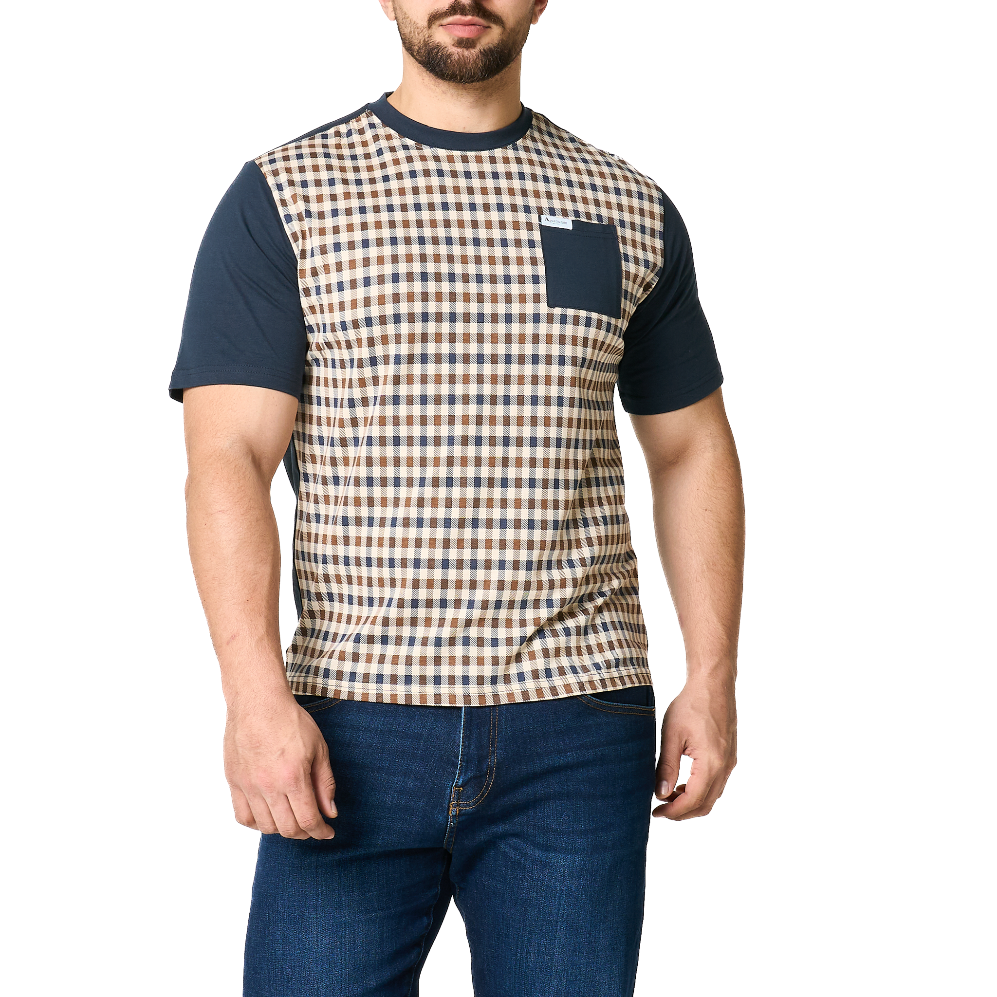 Mens Aquascutum Navy Pocket Check Front S/s T Shirt