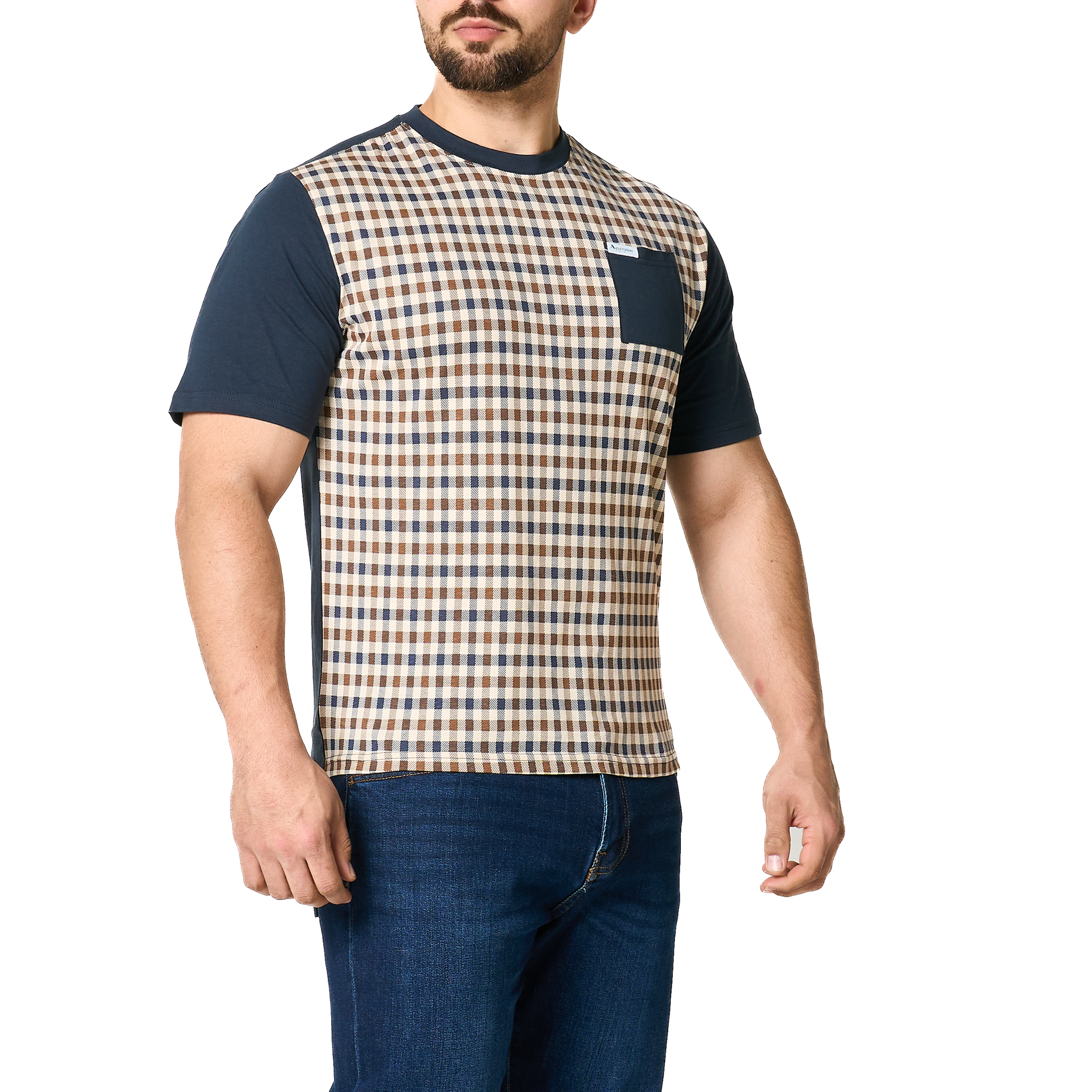 Mens Aquascutum Navy Pocket Check Front S/s T Shirt