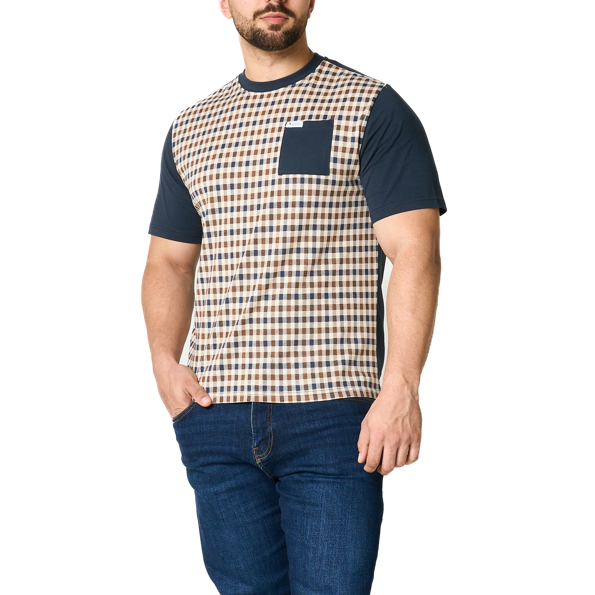 Mens Aquascutum Navy Pocket Check Front S/s T Shirt