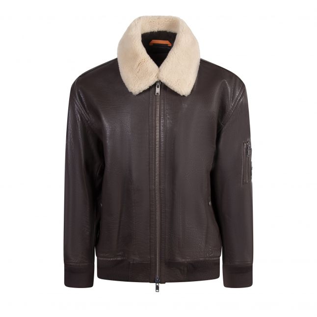 Mens BOSS Brown Jobark Leather Aviator Jacket