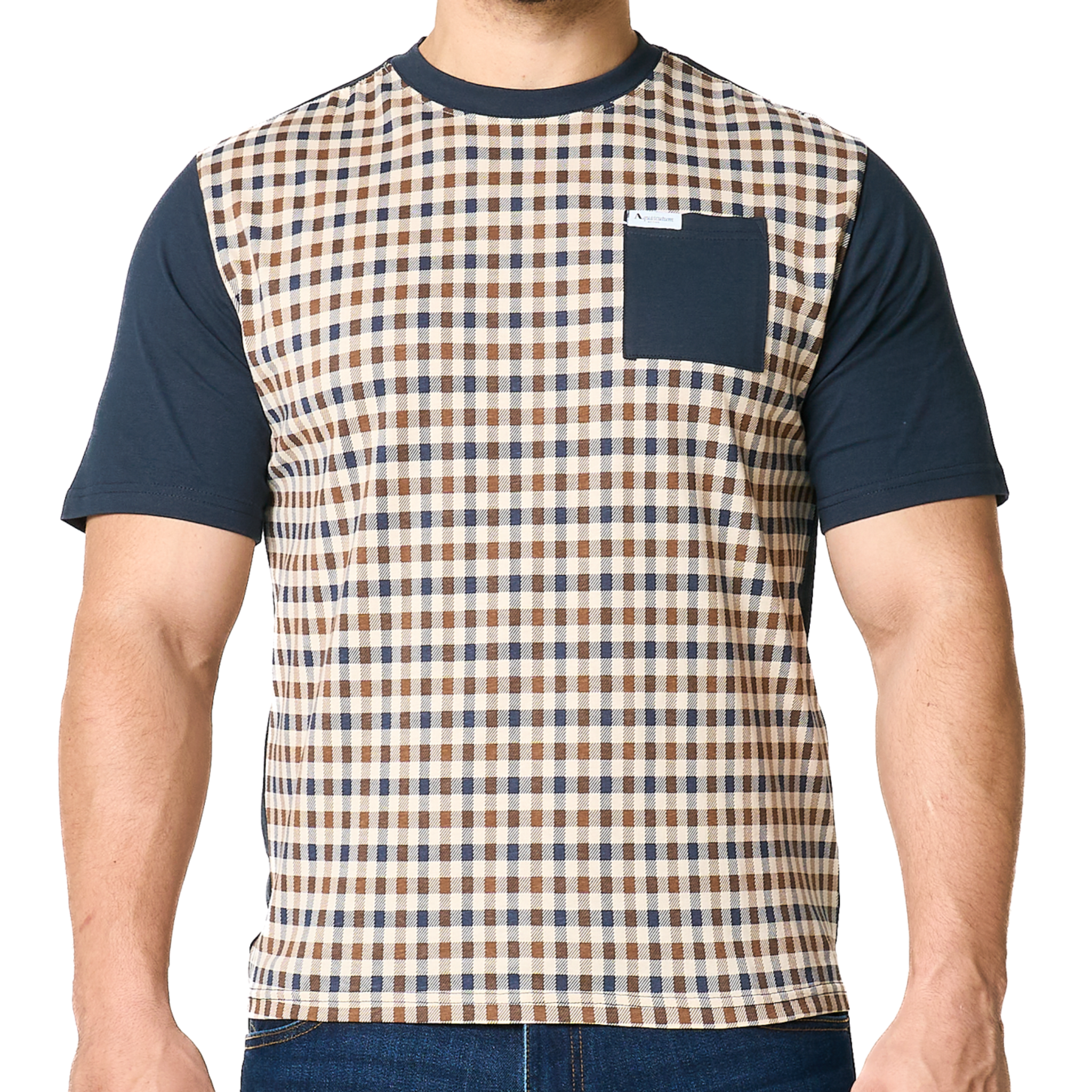 Mens Aquascutum Navy Pocket Check Front S/s T Shirt