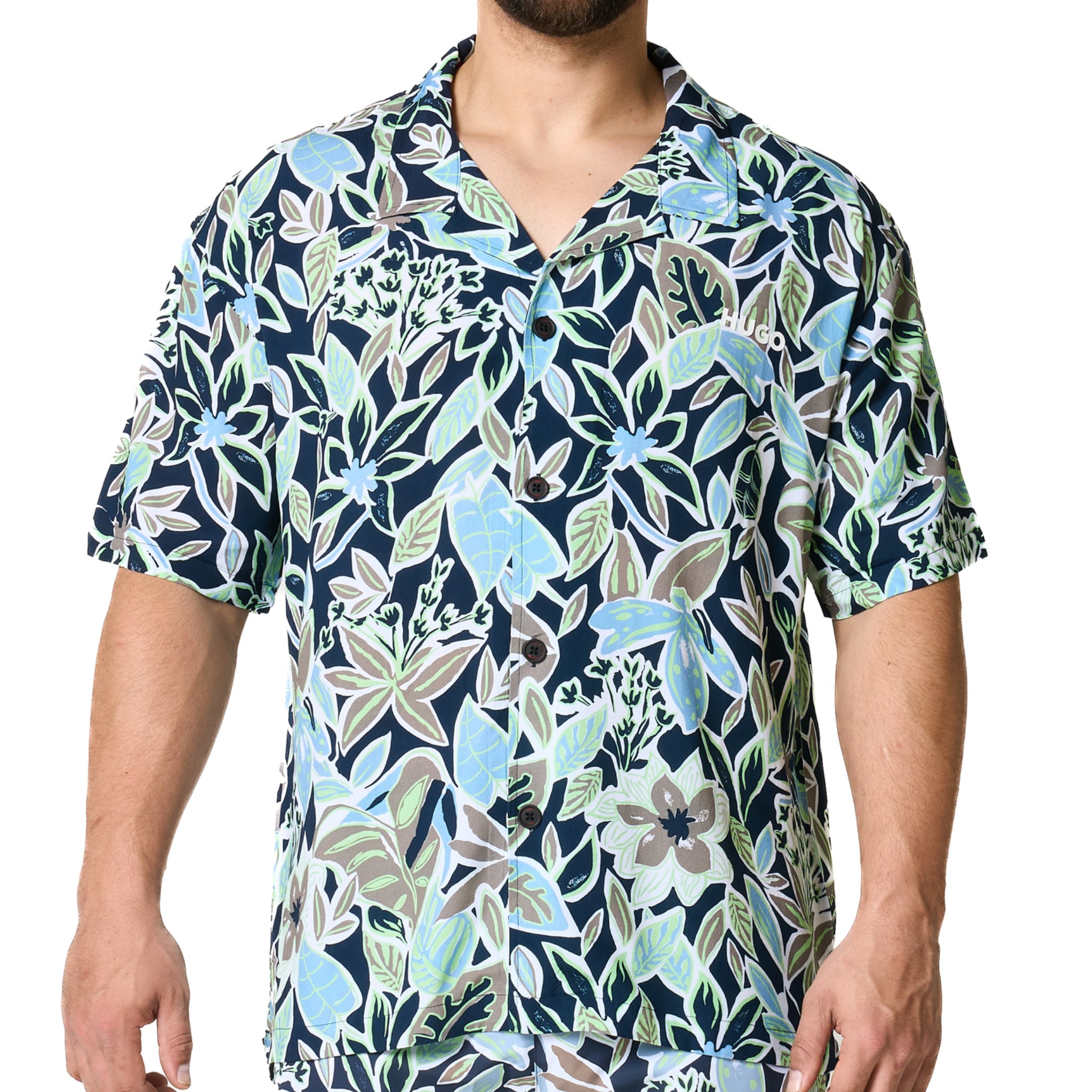 Mens HUGO Navy Leaf Print Relaxed Beach Shirt