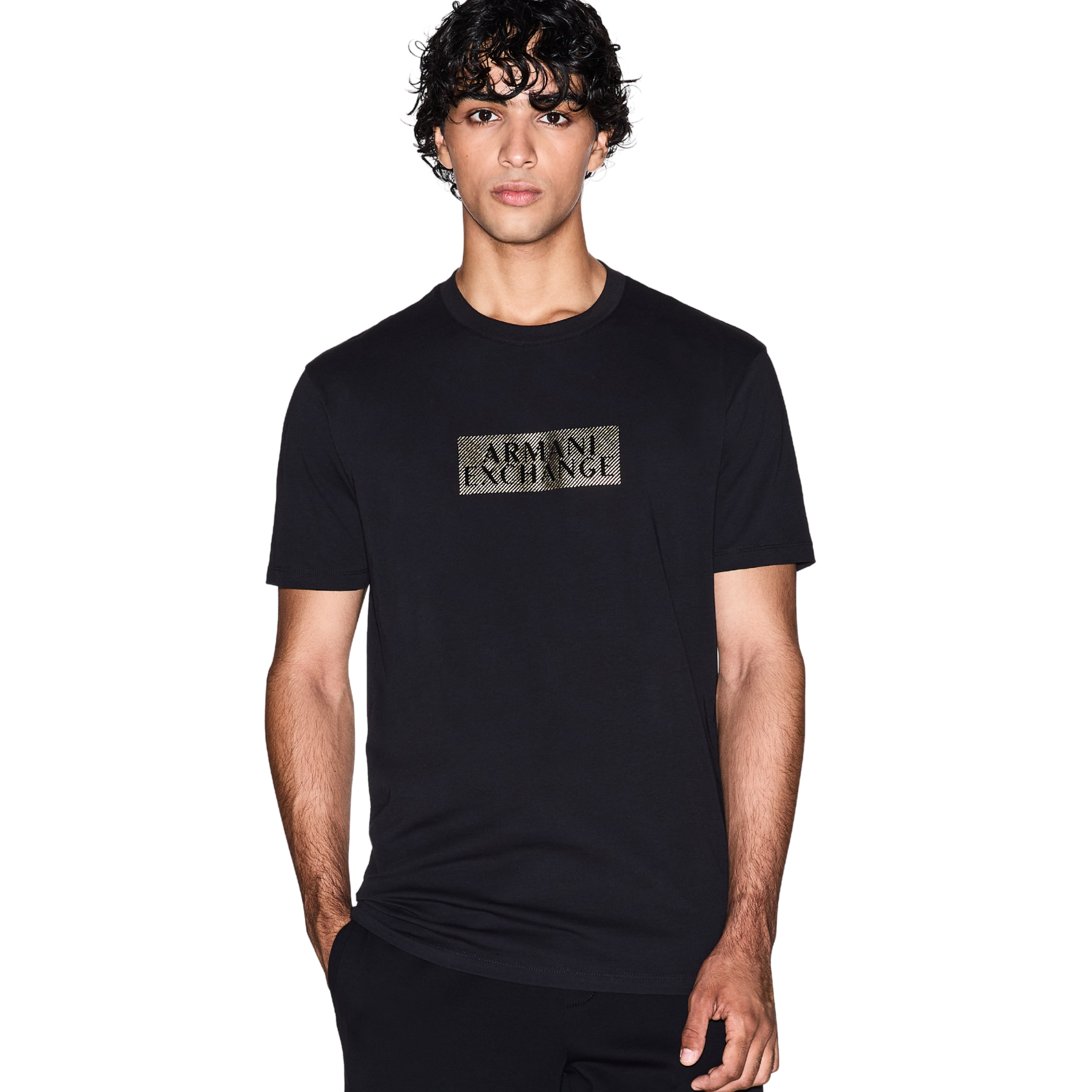 Mens Armani Exchange Black/Diagonal Gold S/s T Shirt