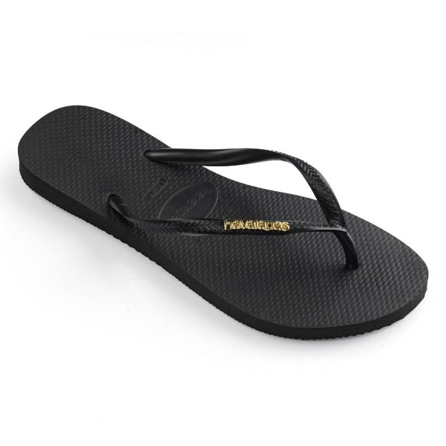 Womens Havaianas Black/Gold Slim Logo Metallic Flip Flops