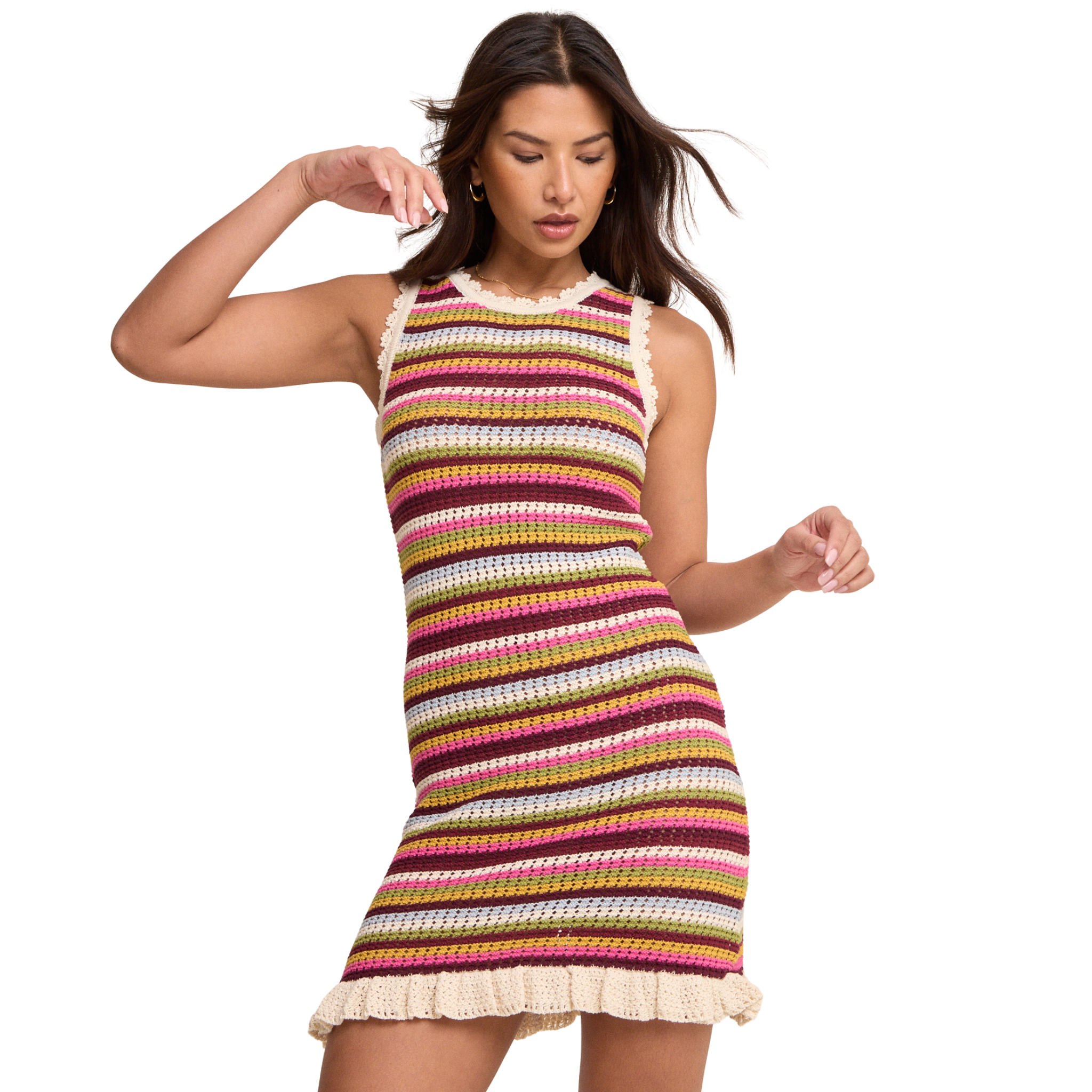 Womens Nobody's Child Multi Stripe Crochet Mini Dress