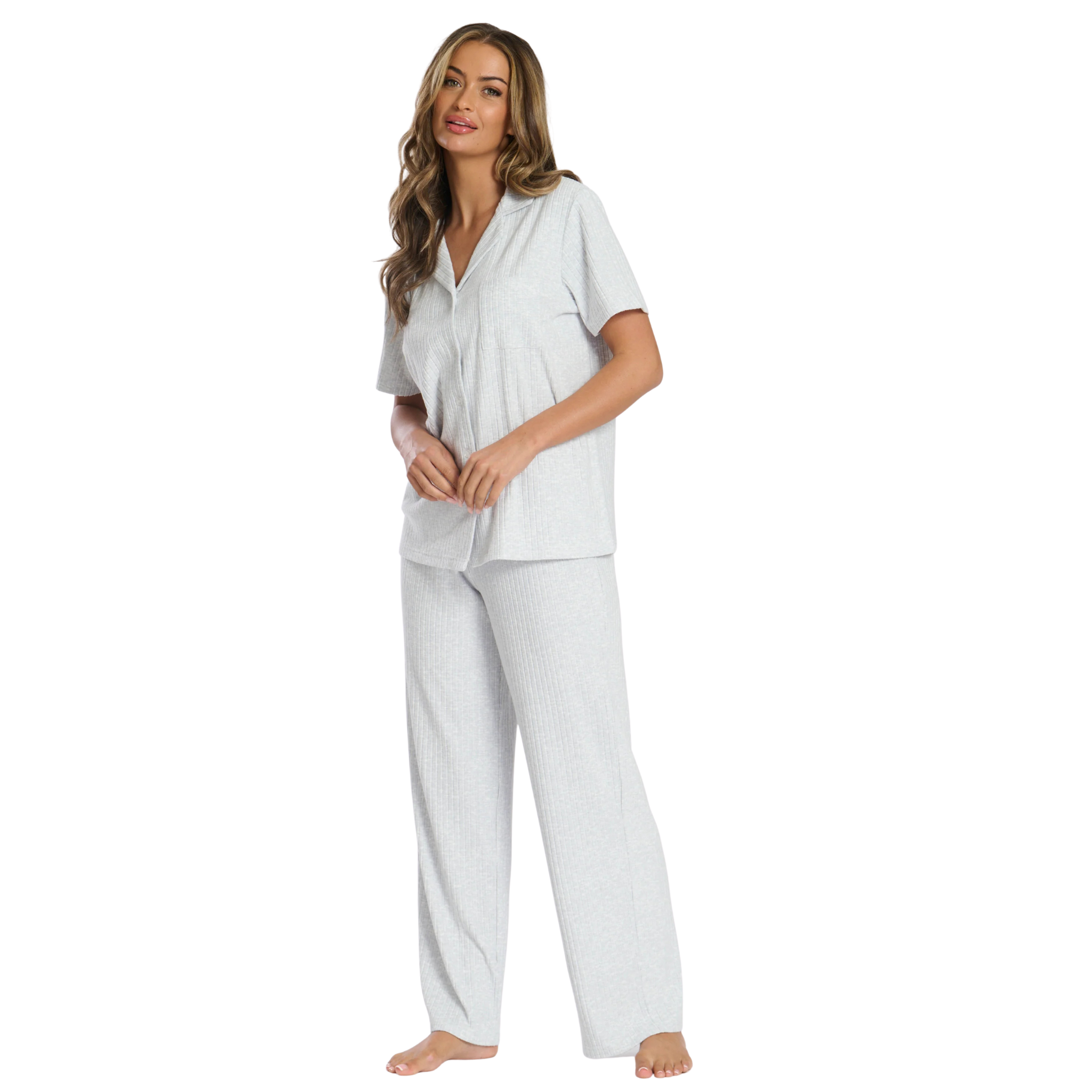 Womens Grey Luxury Brushed Rib S/s Pyjama Set