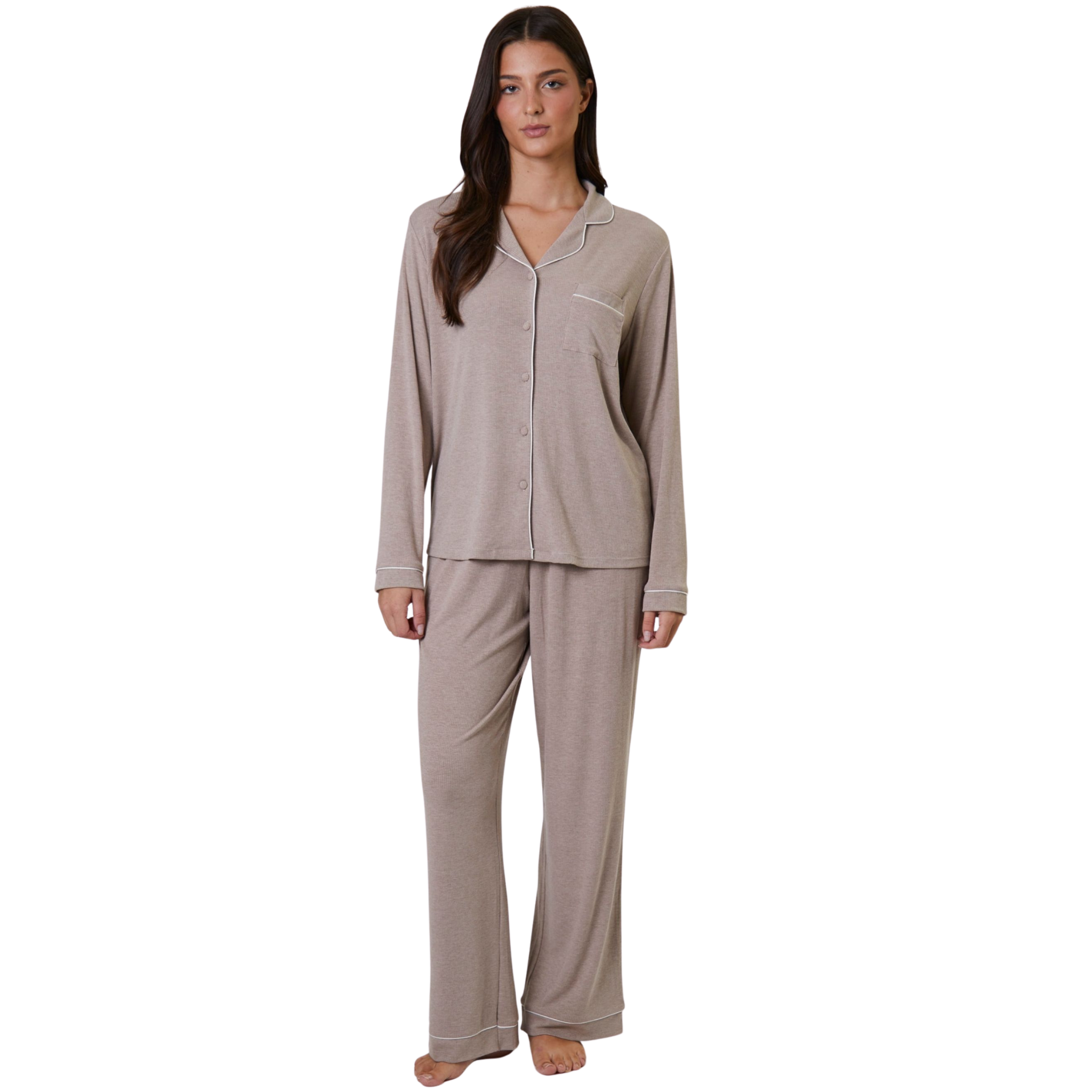 Womens Oatmeal Rib L/s Buttoned Pyjamas