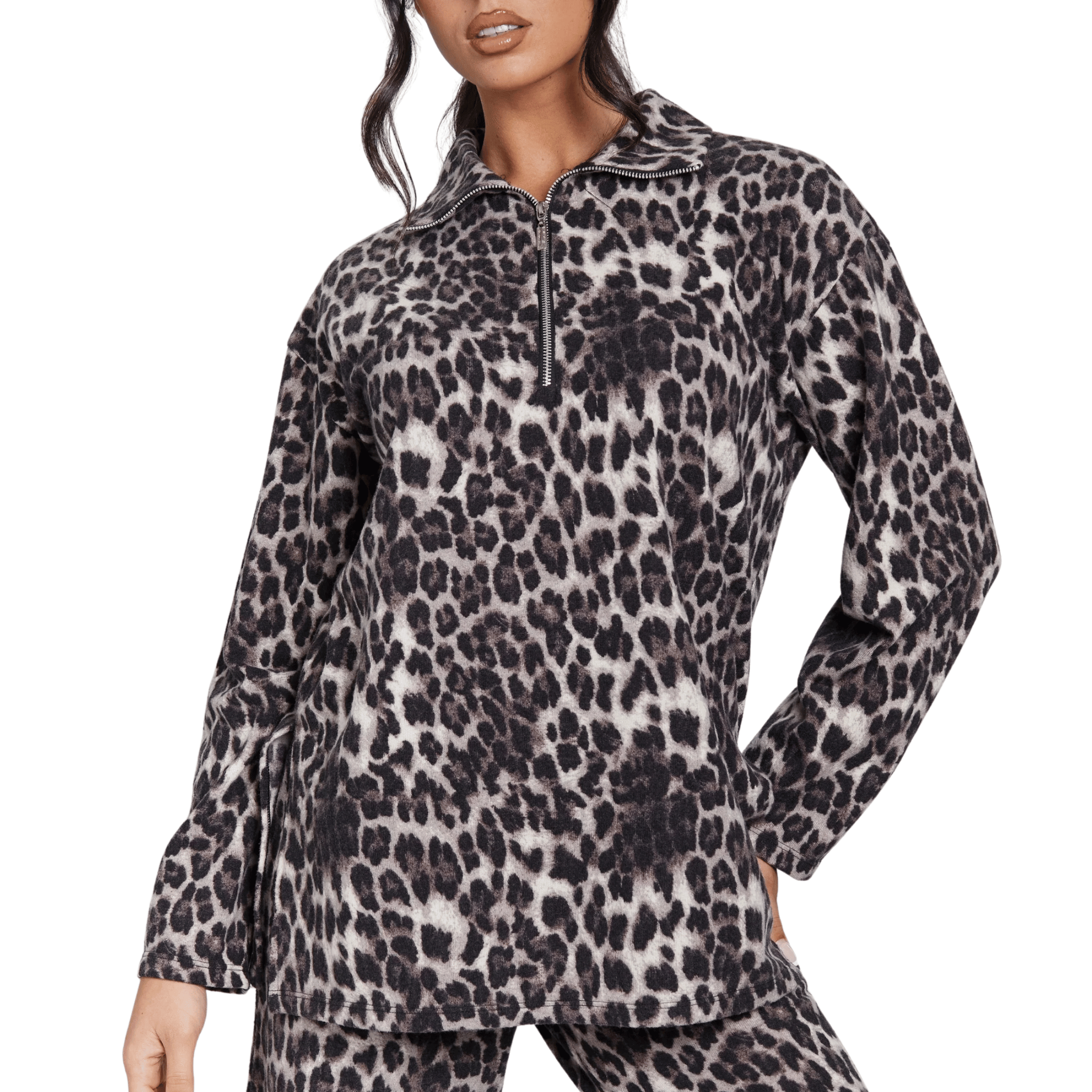 Womens Leopard 1/4 Zip Top & Wide Pant Set