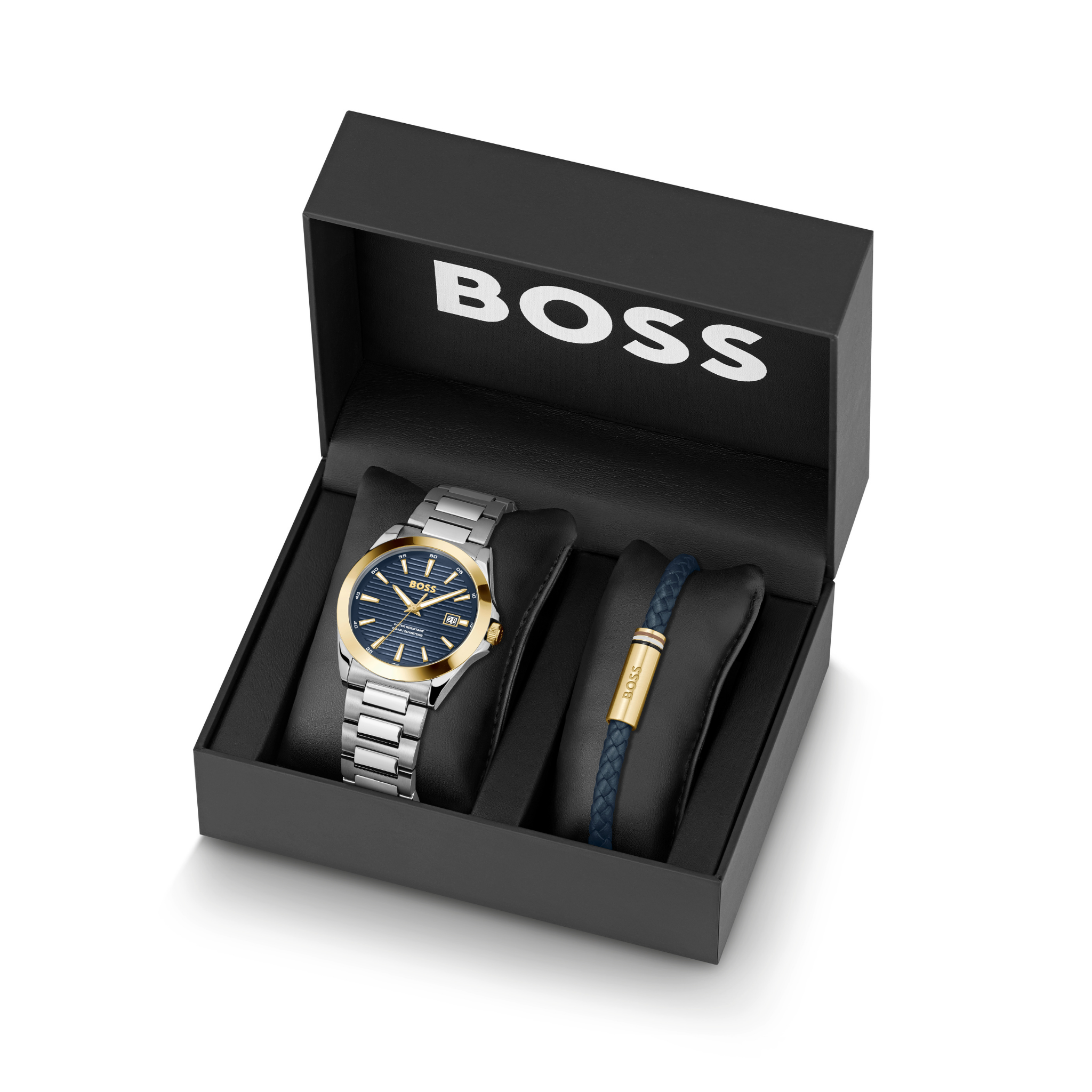 Mens BOSS Stainless Steel/Gold/Blue Strike Watch & Bracelet Gift Set