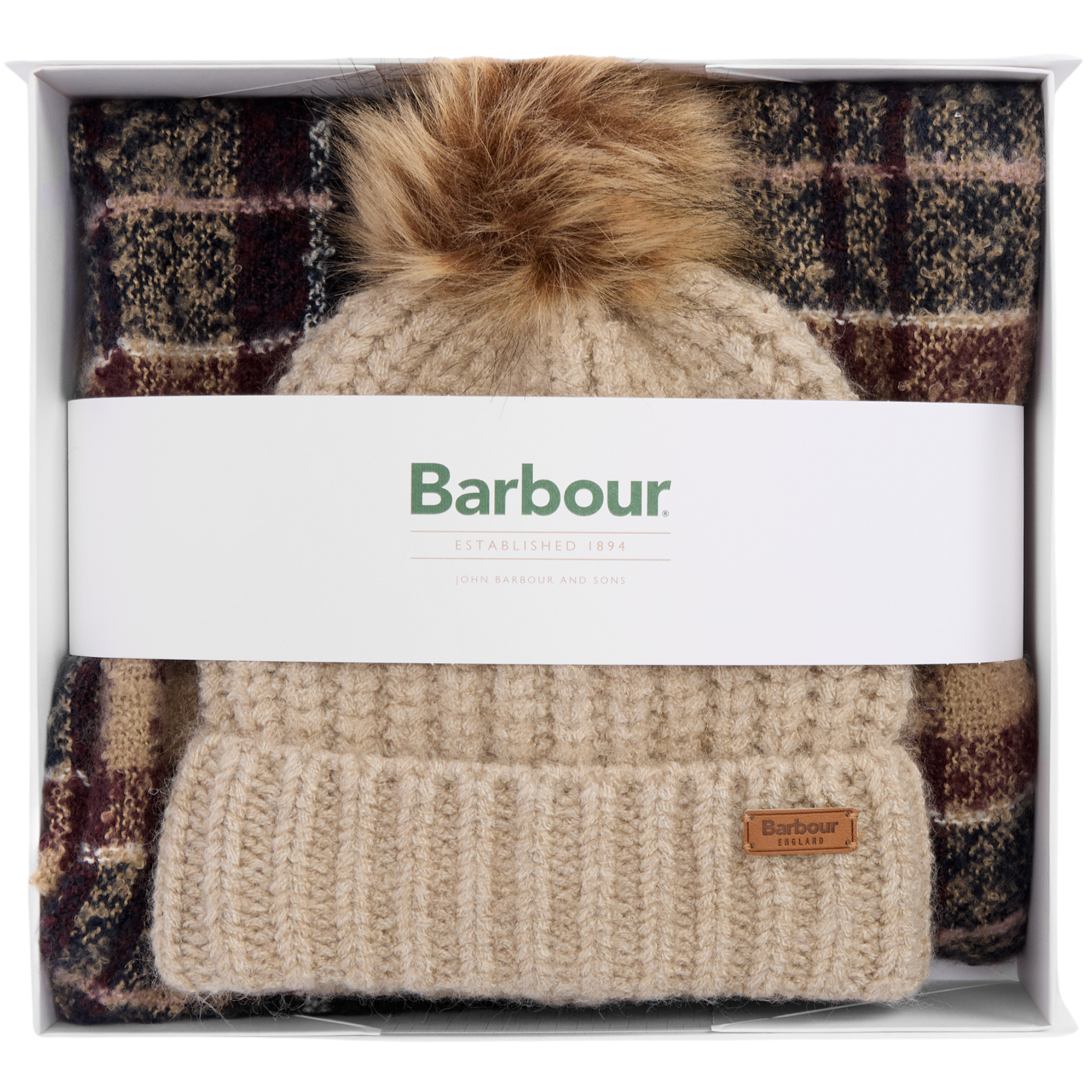 Womens Barbour Gardenia Tartan Saltburn Beanie & Scarf Gift Set