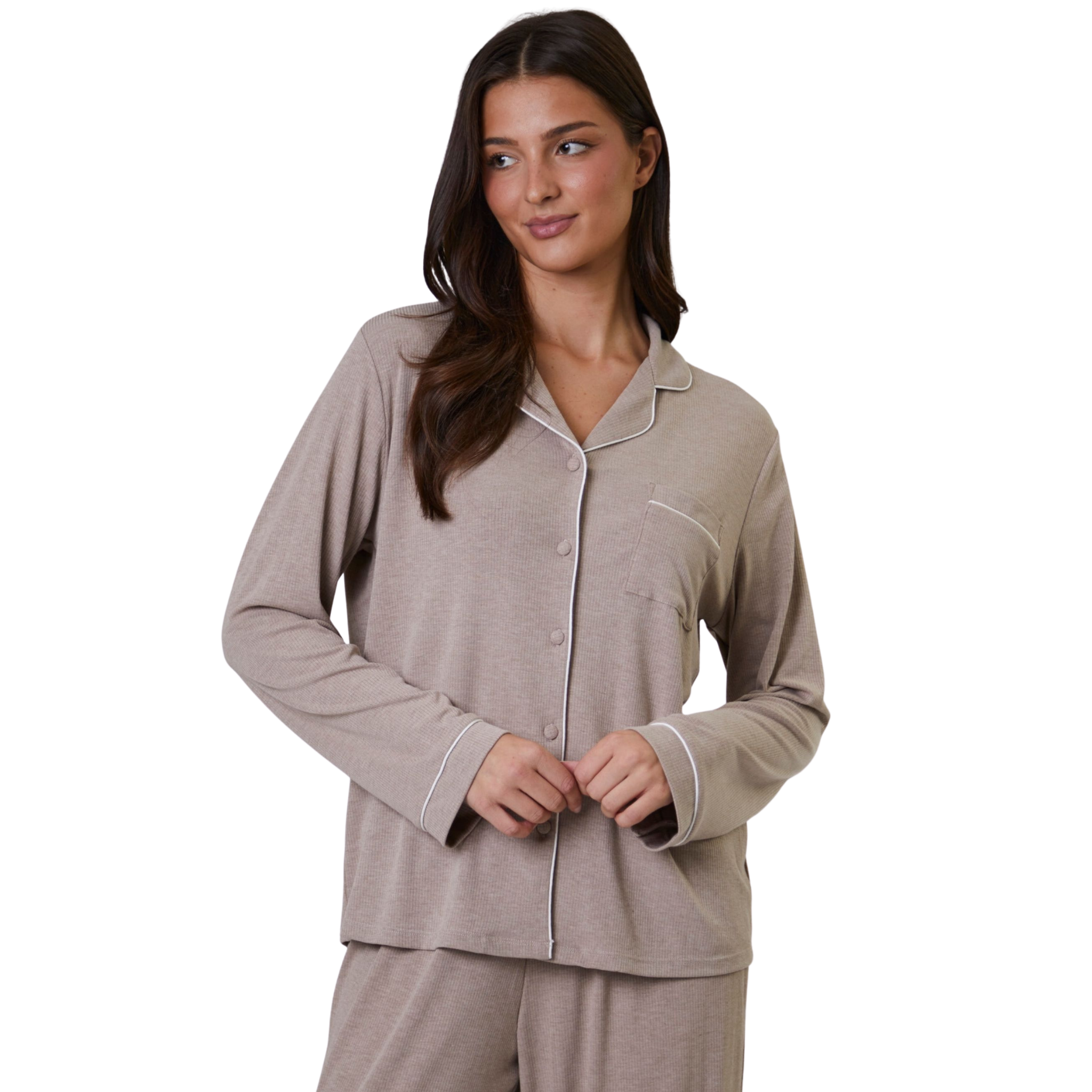 Womens Oatmeal Rib L/s Buttoned Pyjamas