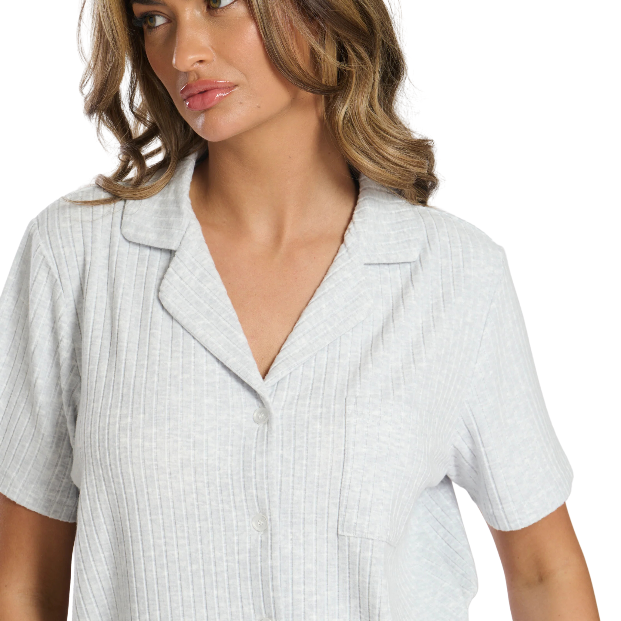 Womens Grey Luxury Brushed Rib S/s Pyjama Set