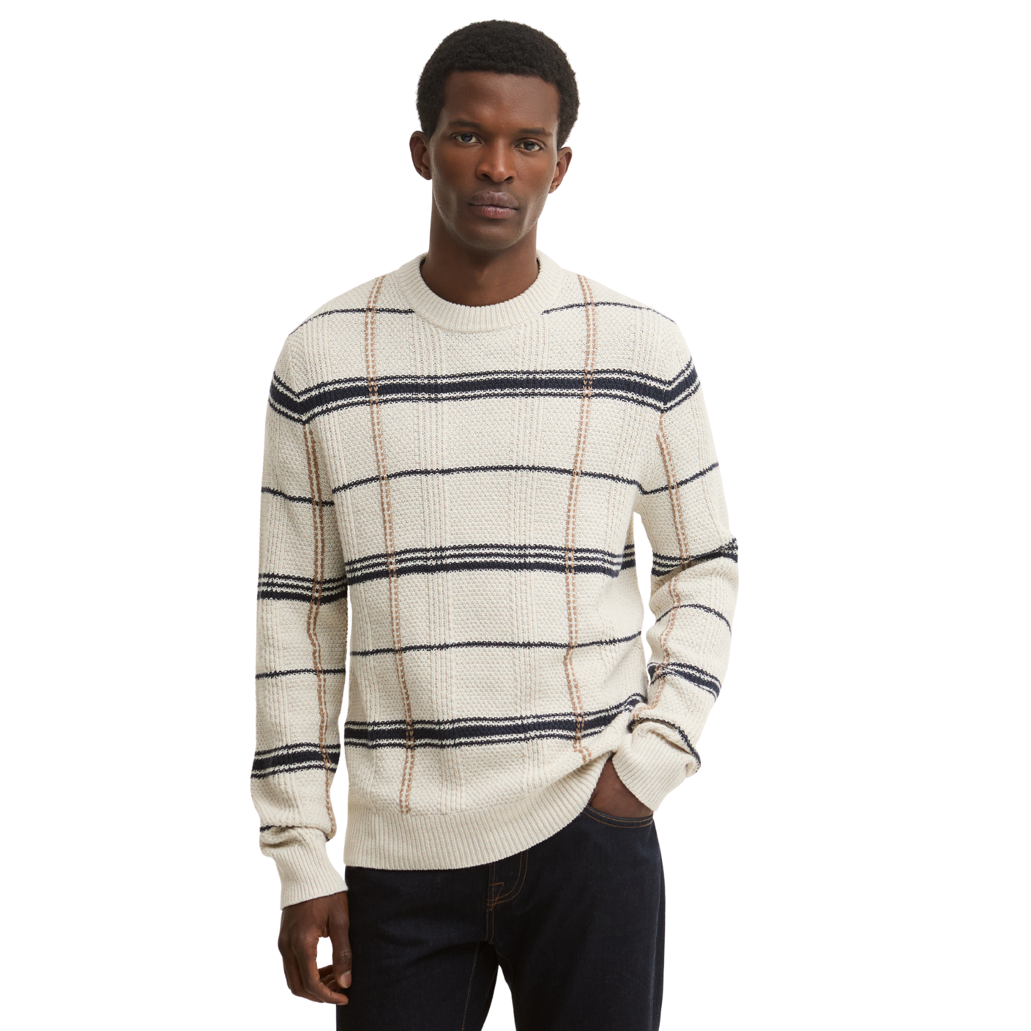 Mens Barbour Whisper White Fasey Cable Tartan Crew Knit