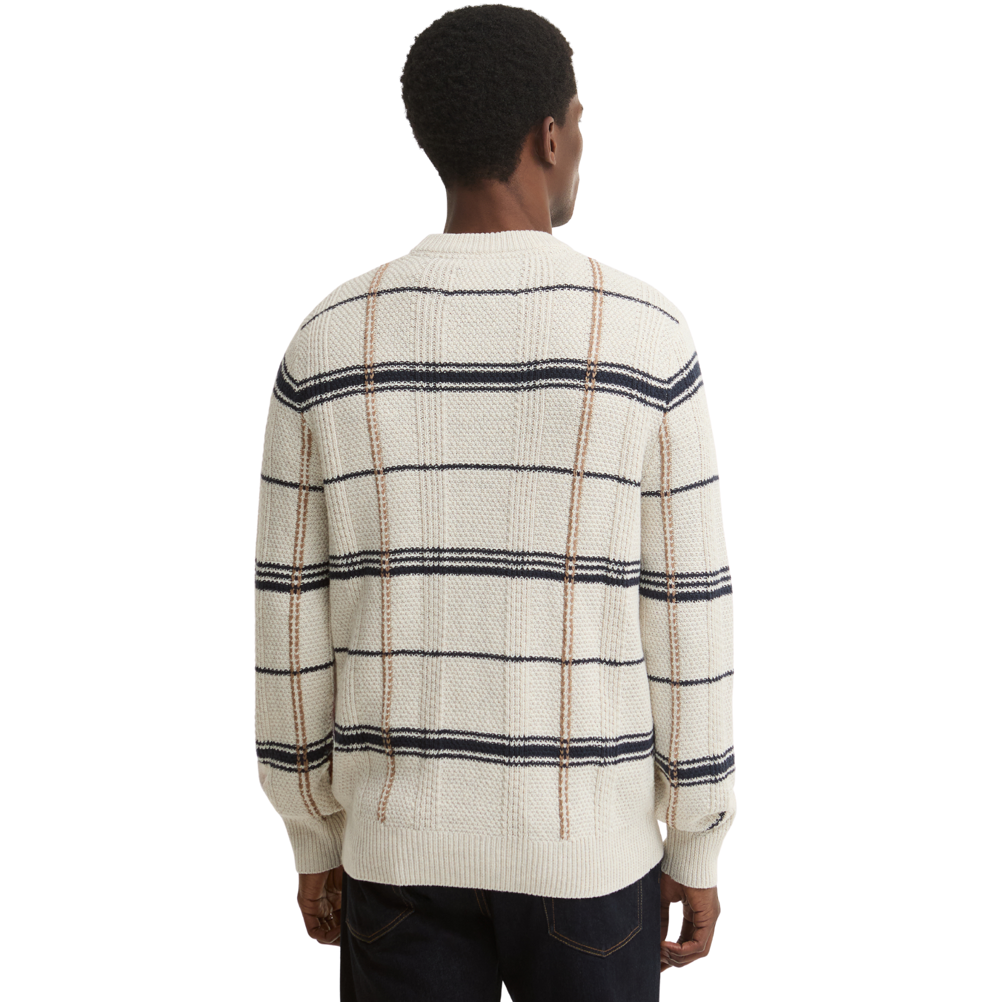 Mens Barbour Whisper White Fasey Cable Tartan Crew Knit